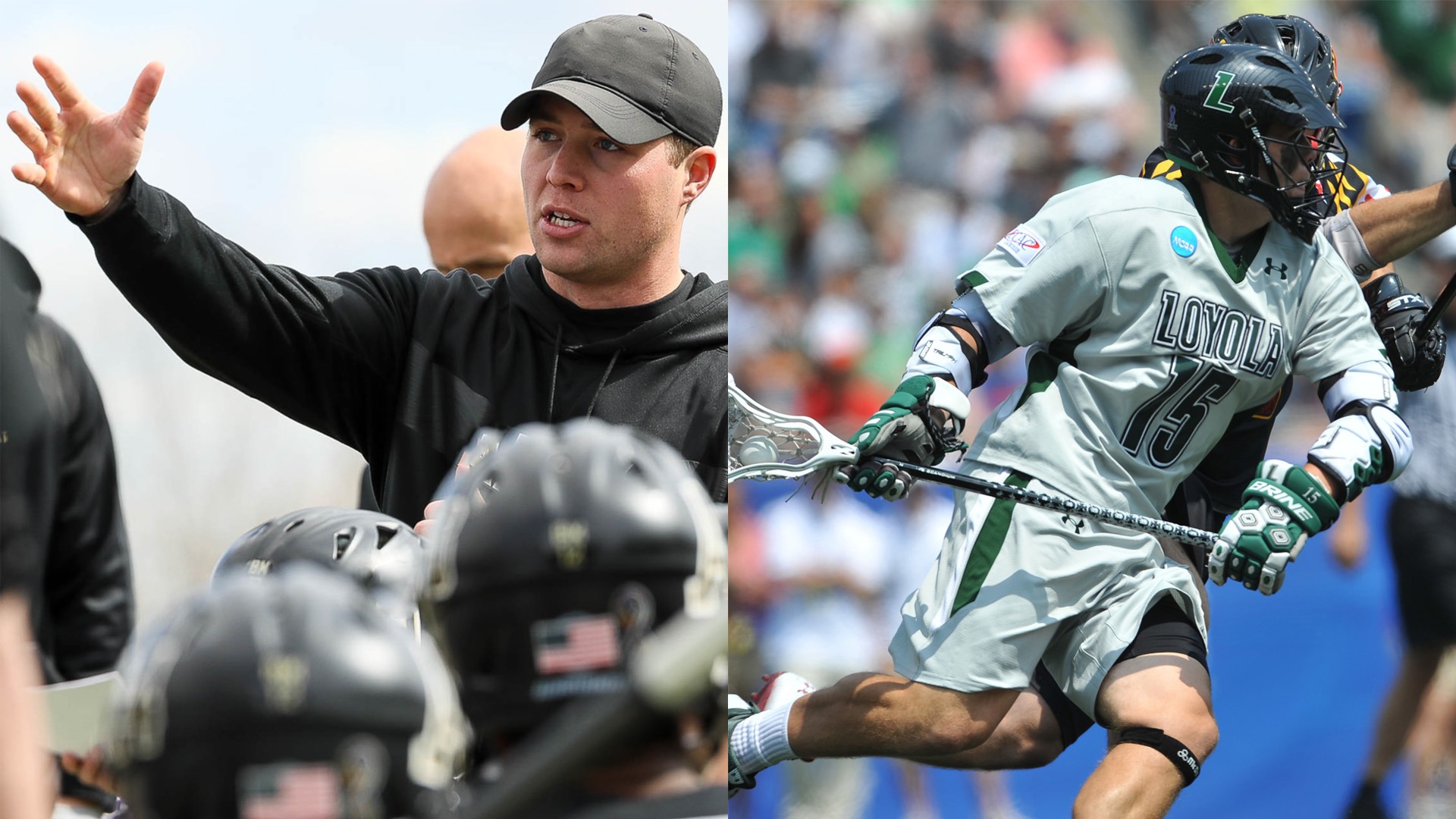 Justin Ward (left) as a coach at Army West Point and as a player at Loyola in the 2012 NCAA Championship Game (right)