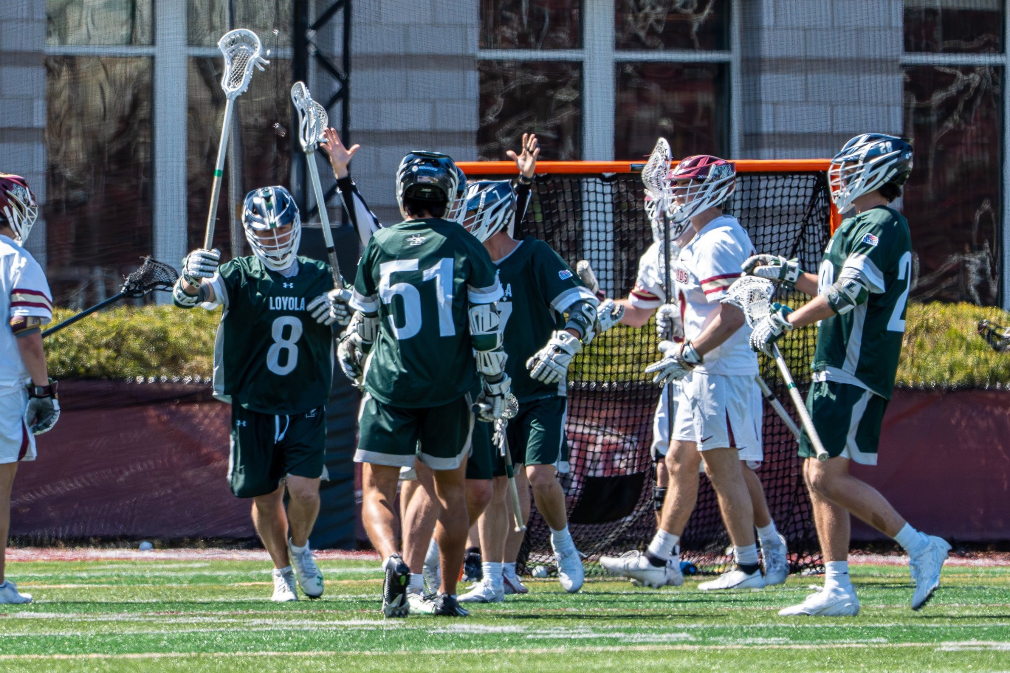 The Greyhounds celebrate a goal at Lafayette