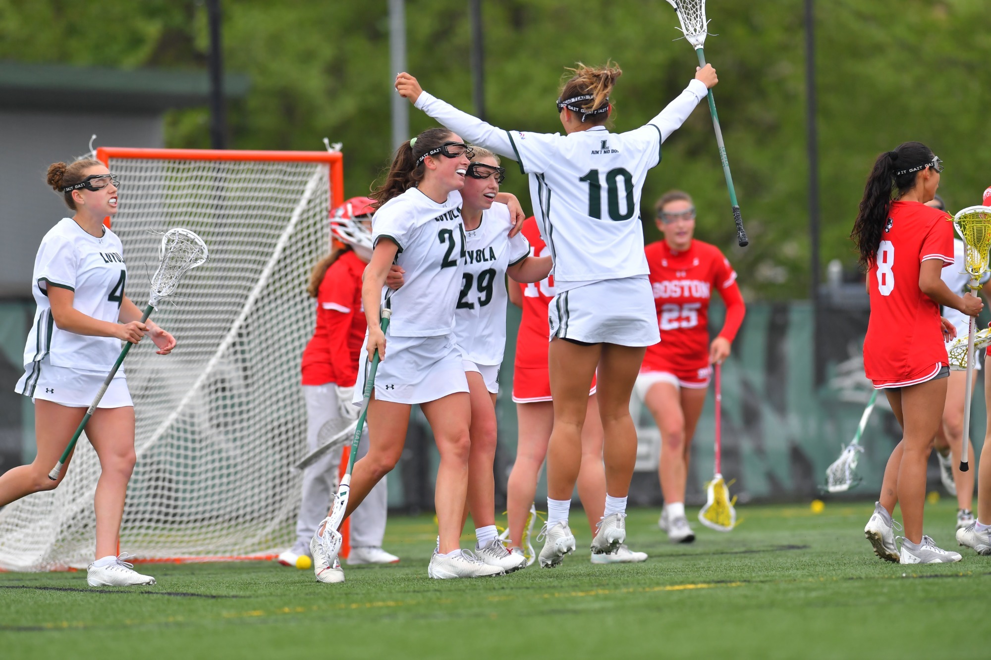 The Greyhounds celebrate a second-half goal against Boston University