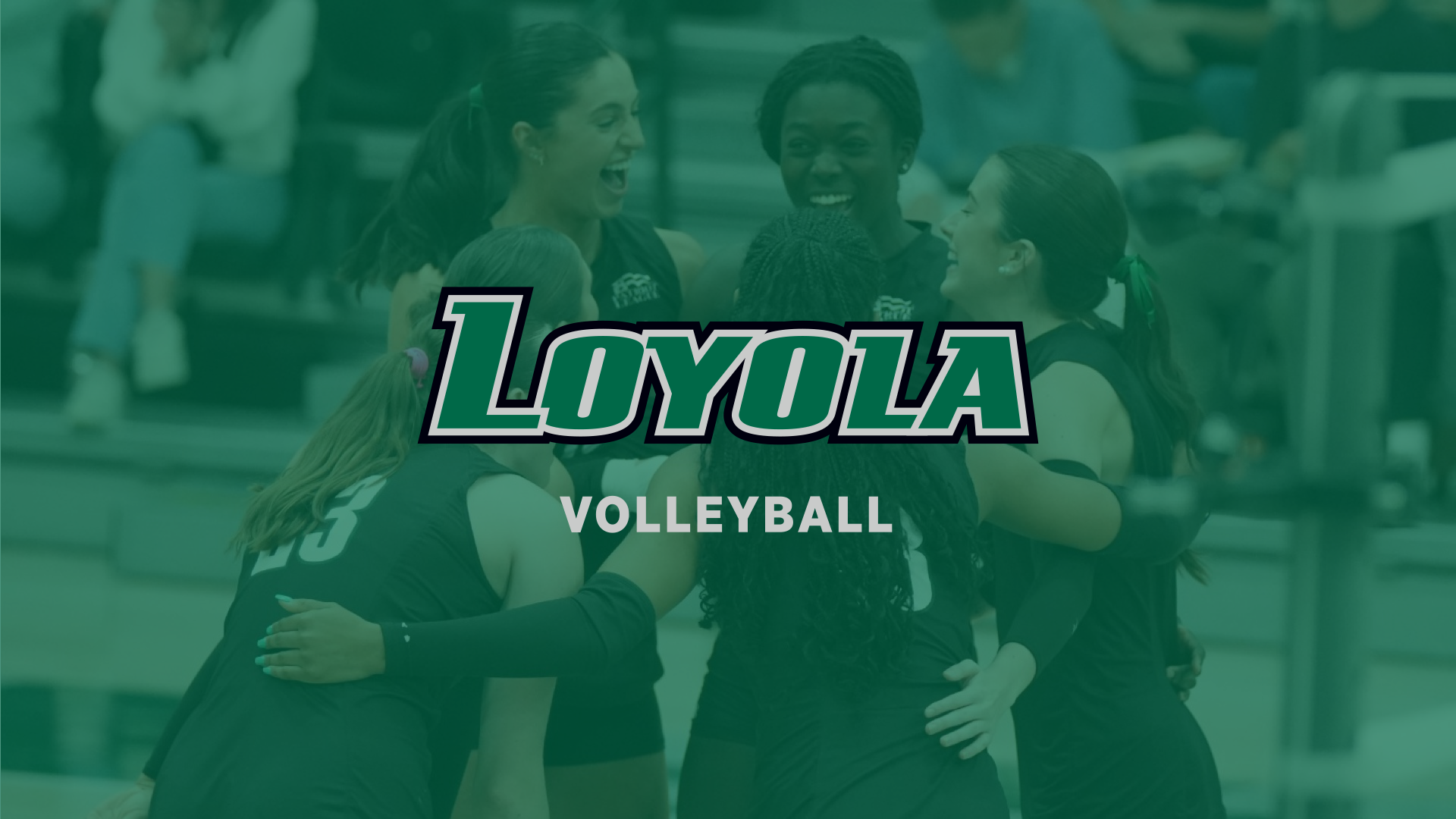 Loyola Volleyball logo with team celebration shaded in background
