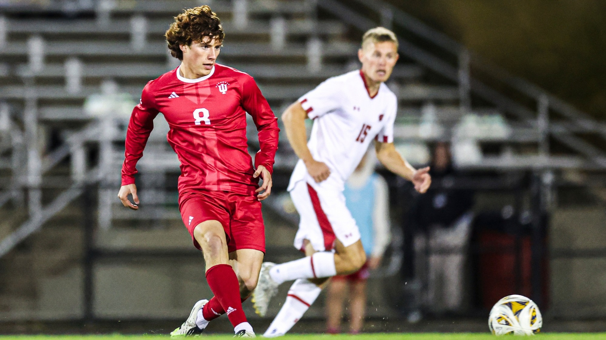 BLOOMINGTON, IN - October 21, 2025 - midfielder Seth Stewart #8 of the Indiana Hoosiers during the game between the Wisconsin Badgers and the Indiana Hoosiers at Bill Armstrong Stadium in Bloomington, IN. Photo By Mason Munn/Indiana Athletics