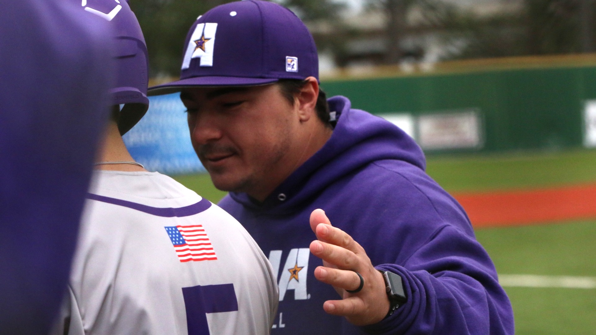 Kody Gautreaux interacts with a player at LCU in 2025