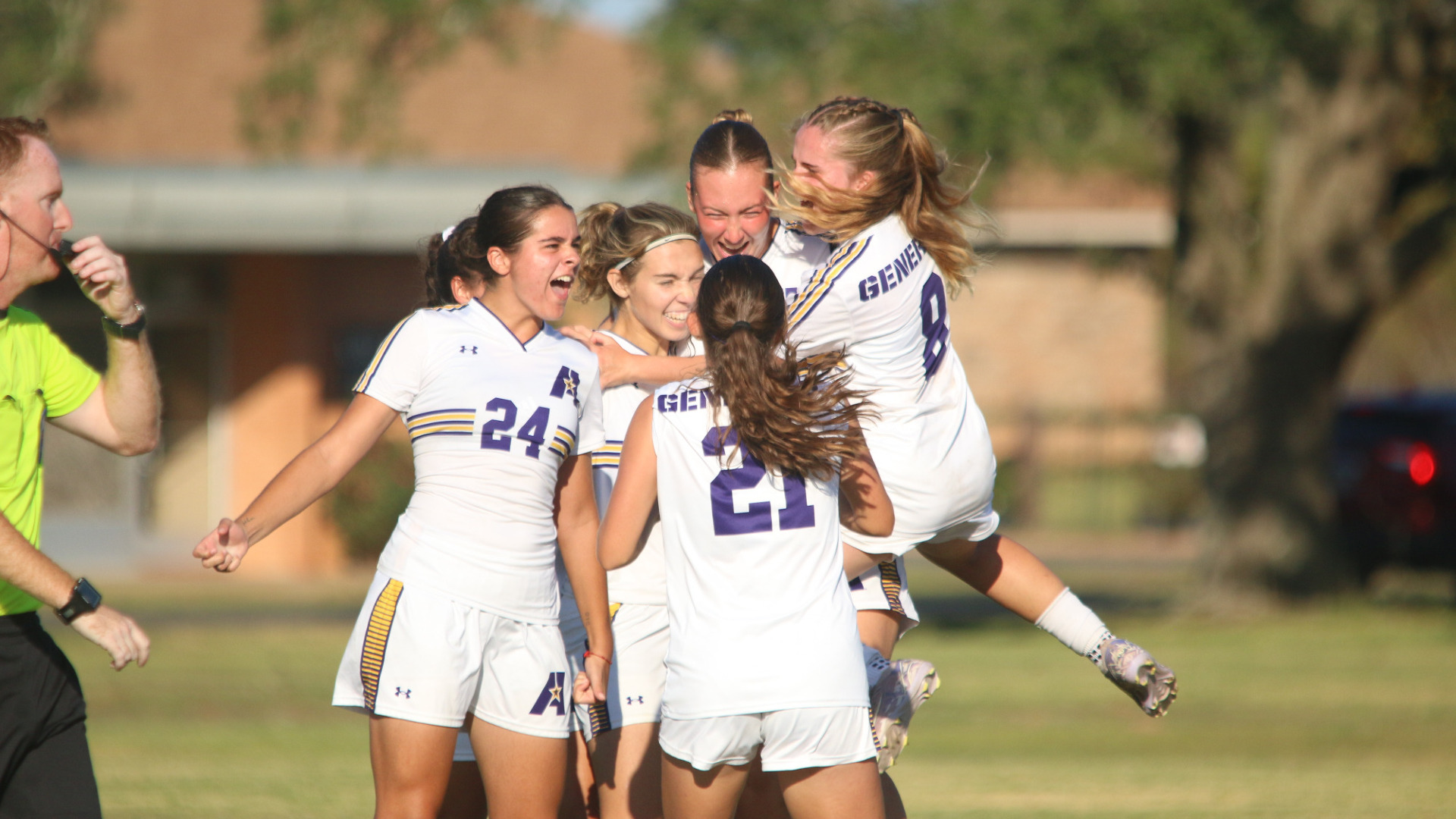 Alexia Bermejo celebrates with teammates after scoring the game-winning penalty over Texarkana
