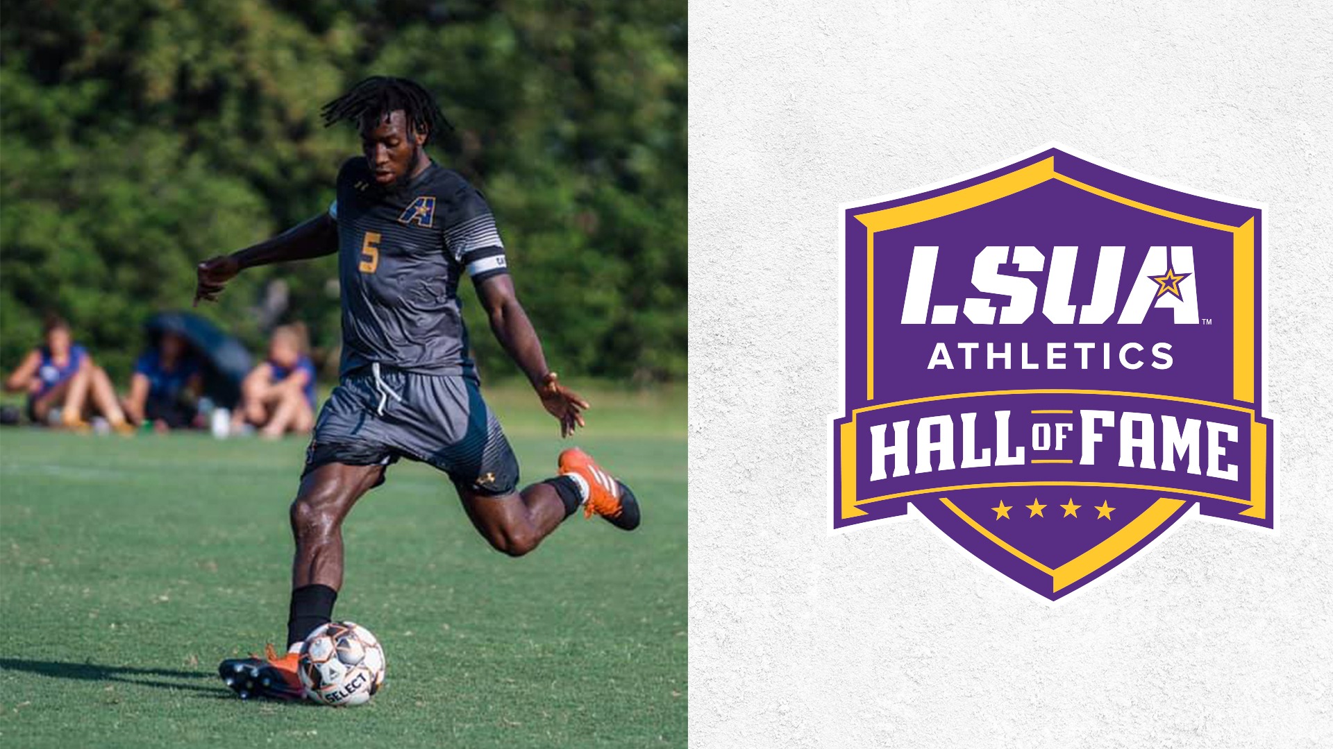 A graphic showing Brian Okpala taking a free kick with the LSUA Athletics Hall of Fame shield to the right