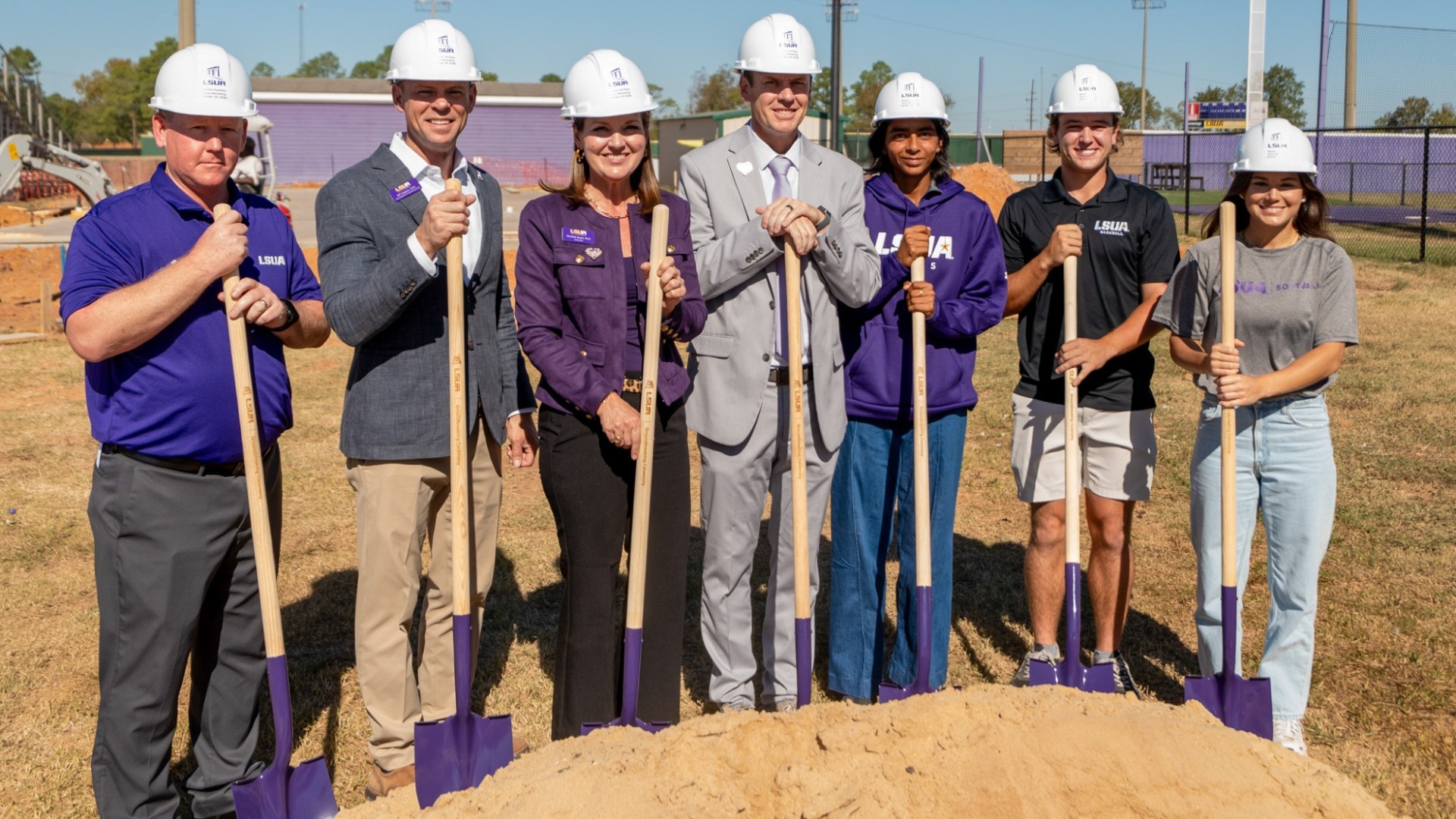 Athletics Groundbreaking for softball, baseball, and tennis (Left to Right: Billy Perkins, Jeff Langston, Elizabeth Beard, Tyler Unsicker, Kanu Rajawat, Trevor Dooley, Sophia Romero)