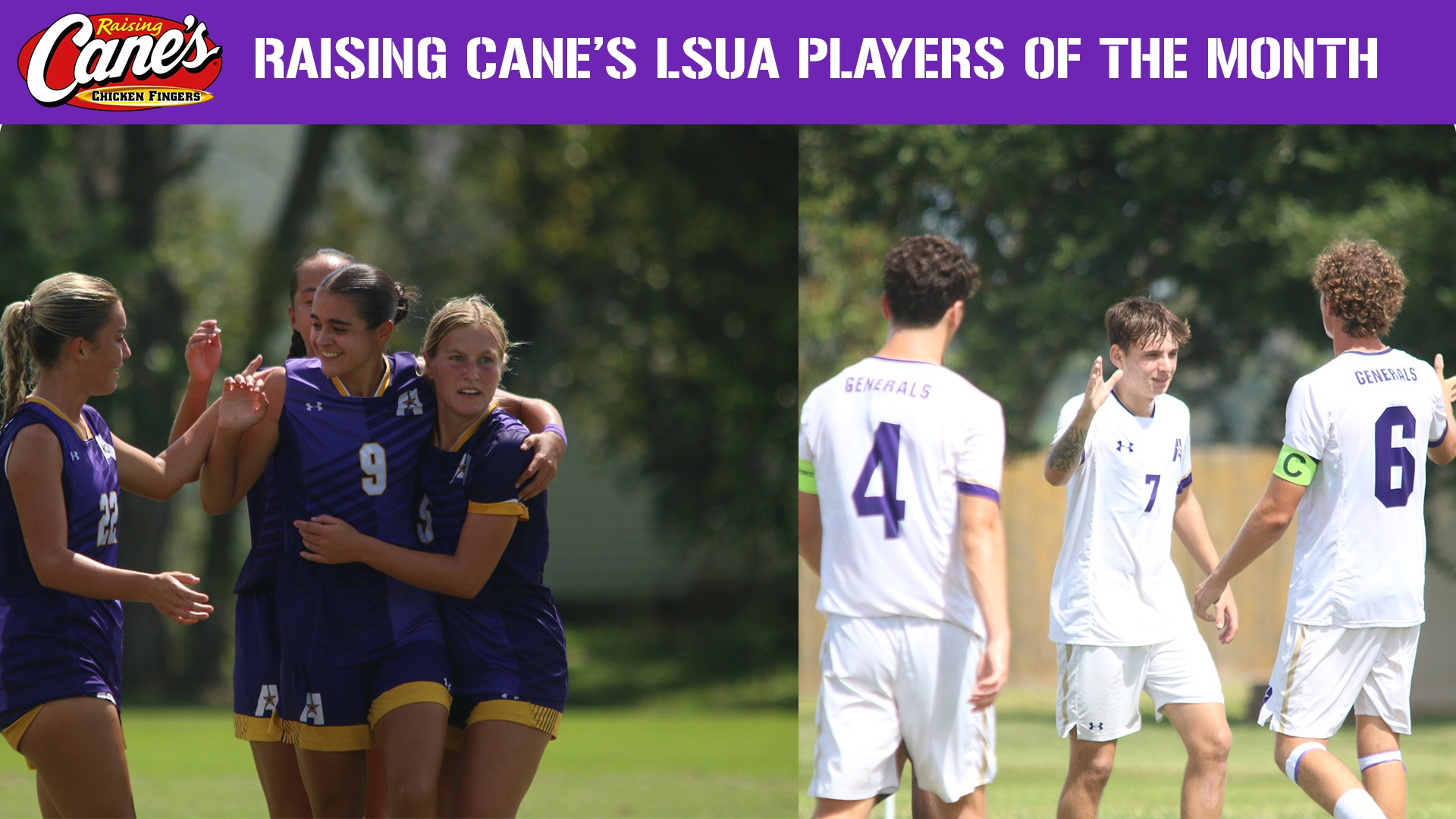 Sara Escribano (Left) celebrates after scoring while Lucas O'Donnell (right) high fives a teammate during a celebration. Graphic for Raising Cane's LSUA Players of the Month