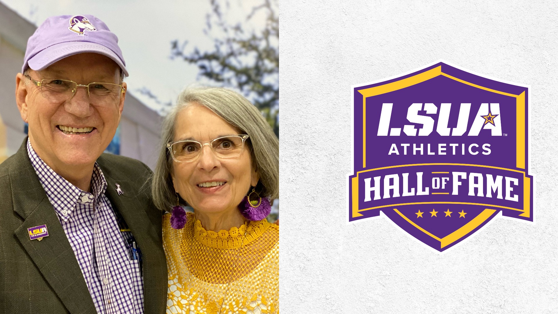 A graphic showing Dr. Paul and Mrs. Arlene Coreil on the left with the LSUA Athletics Hall of Fame crest on the right