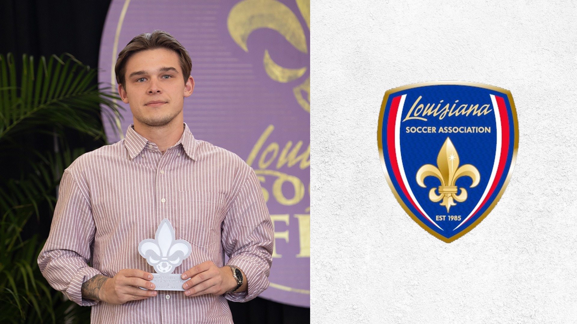 Damian Kunc poses with his Defensive Player of the Year Award from Louisiana Soccer Association