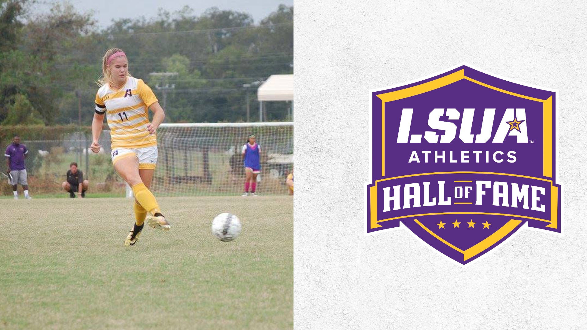 A graphic showing LSUA women's soccer player Chandler Kammerer on the left with the LSUA Athletics Hall of Fame shield on the right