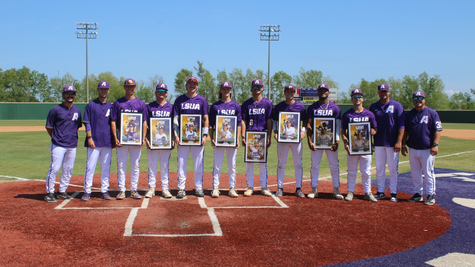the LSUA baseball Seniors pose following their senior ceremony: #1 Cade LaBruyere, #4 Stephen Roozendal, #5 Lane Patin, #6 Shae Thibodeaux, #12 Carter Fabre, #16 Brett Batteford, #23 Joshua Tinnerello, #33 Brenyn Ebarb, Coaches Gautreaux, Ardoin, Gaspard, Price