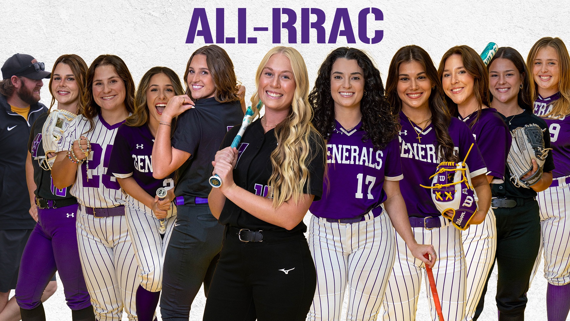 Softball All-RRAC honorees featuring Rylie Jeau Theriot, Molly Sistrunk, Alyssa Soileau, Lainee Bailey, Kaetlyn Dunbar, Haley Fontenot, Sophia Romero, Rylee Guillot, Jillian Howell, Kilee Moody and Trent Partridge 