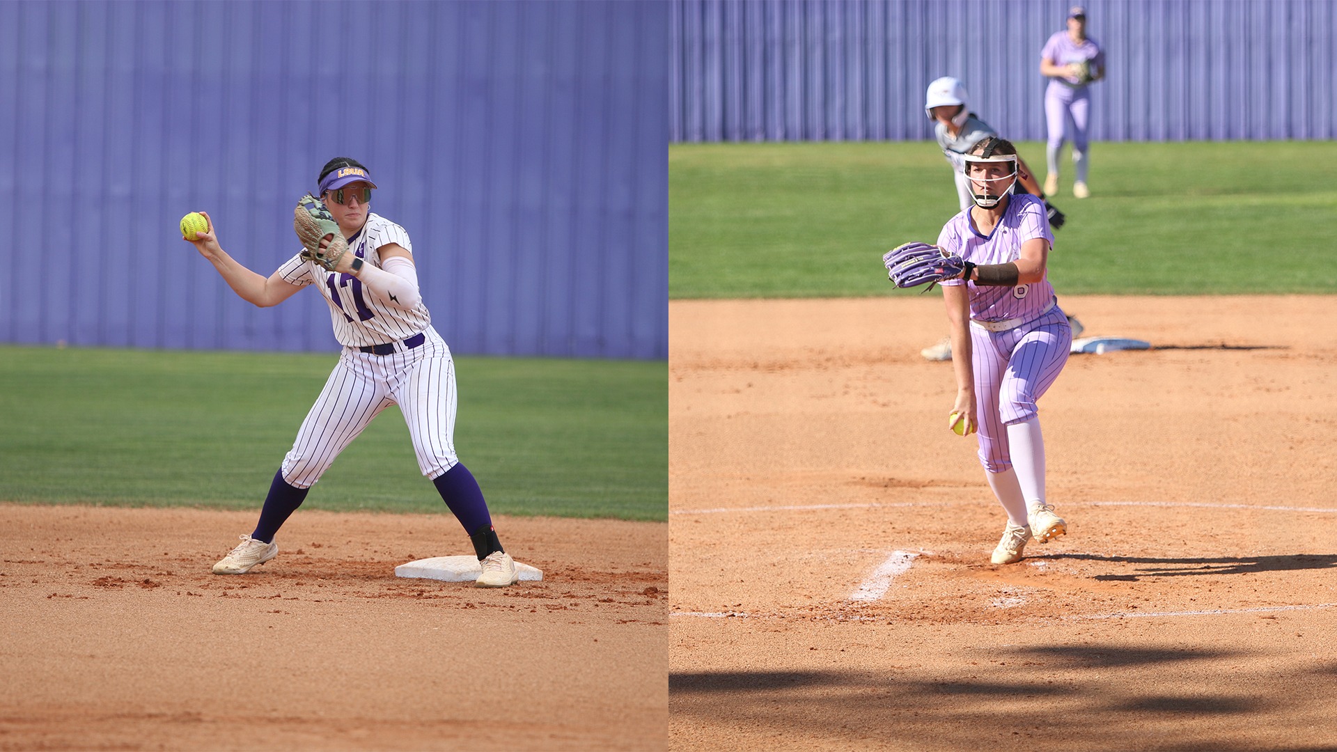 (L) Haley Fontenot makes a throw near second base, (R) Lainee Bailey delivers a pitch during a game