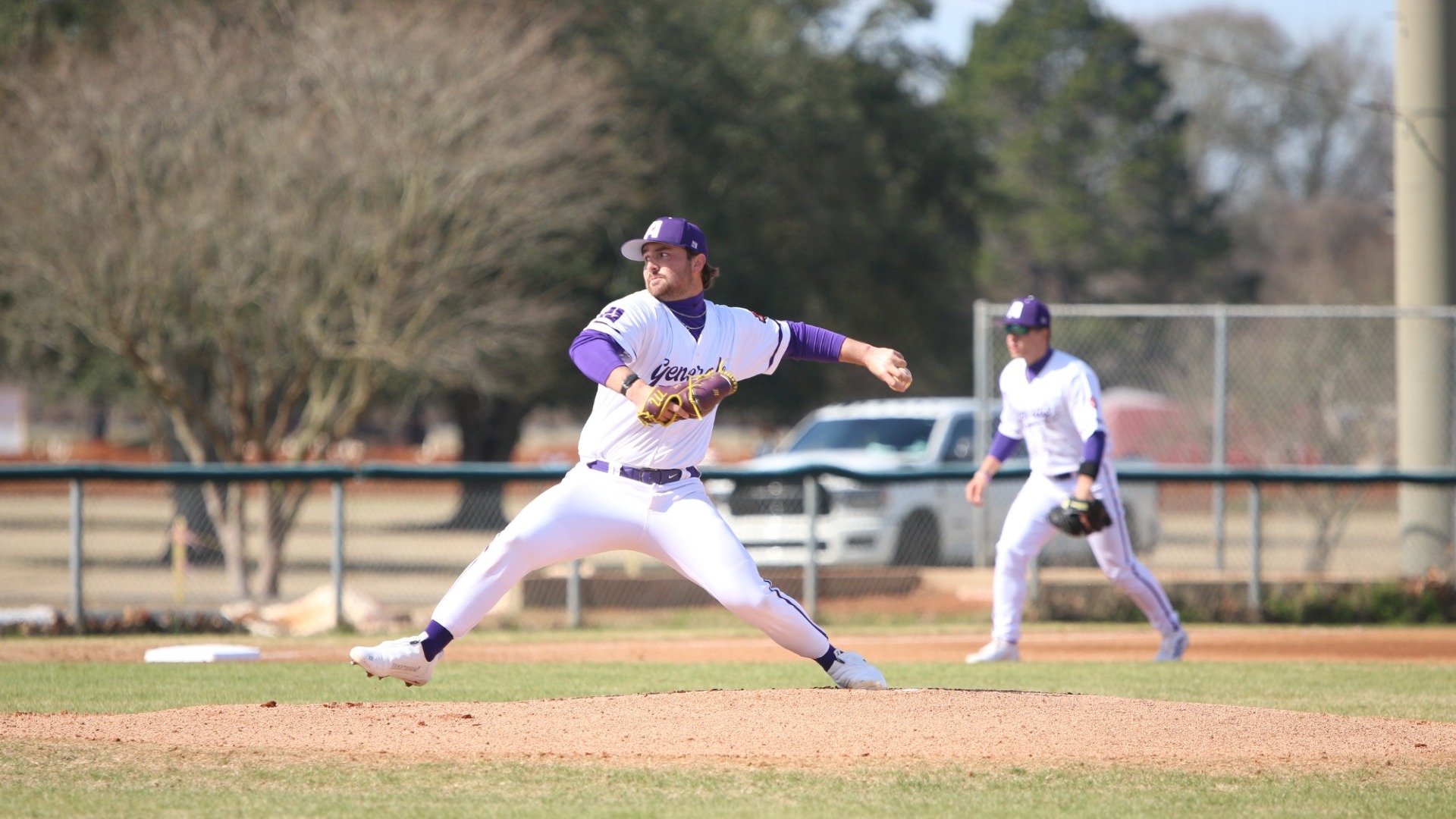 Michael Sutton delivers a pitch against John Melvin University early in the 2026 season