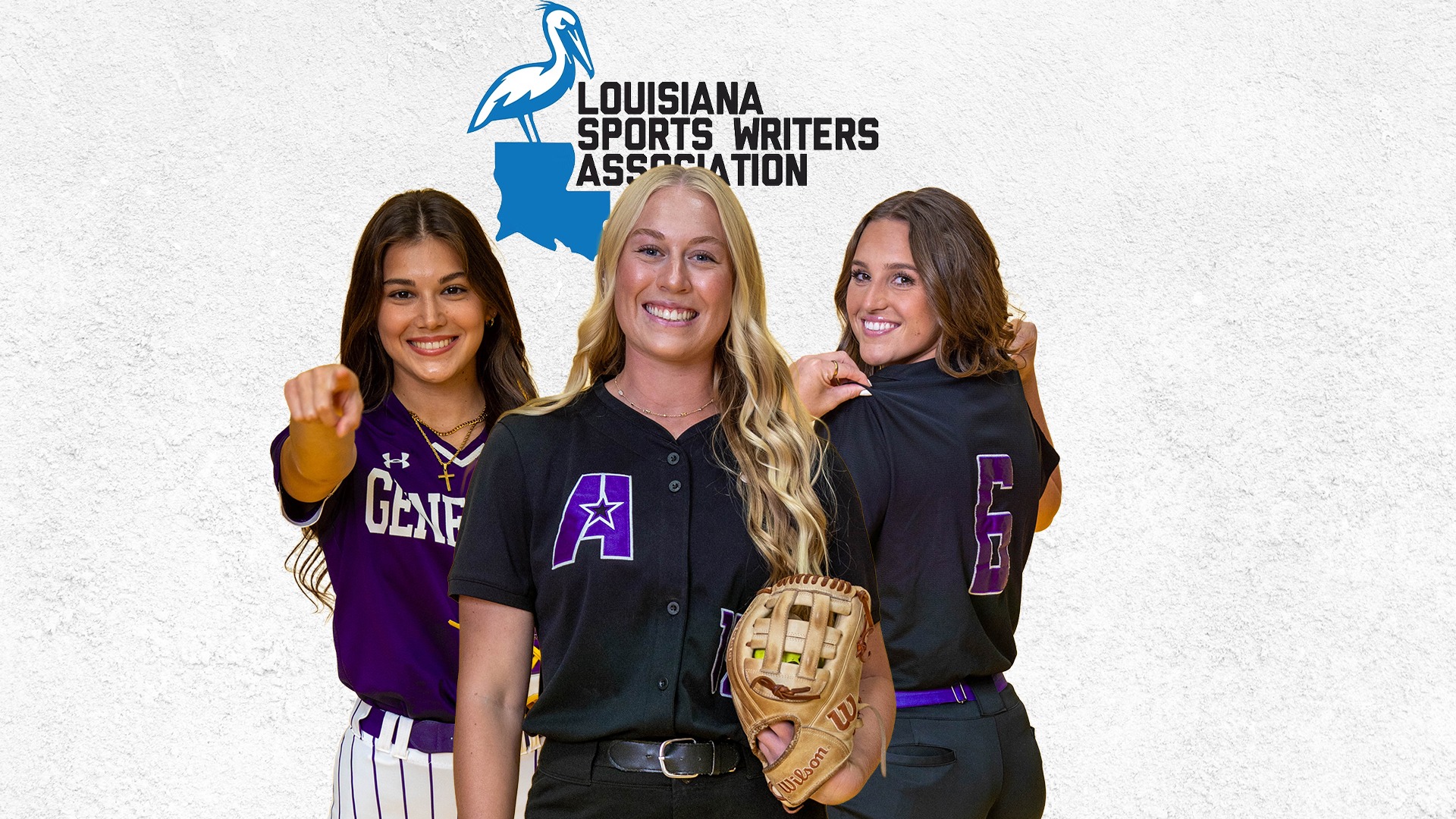 (Left to right) Sophia Romero, Kaetlyn Dunbar, and Lainee Bailey with the Louisiana Sports Writers Association logo above them