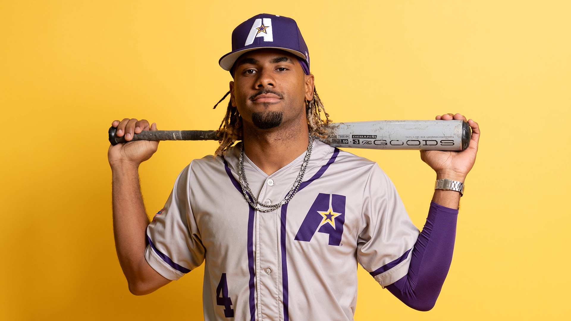 Stephen Roozendal poses with a bat across his shoulders on Media Day, 2026