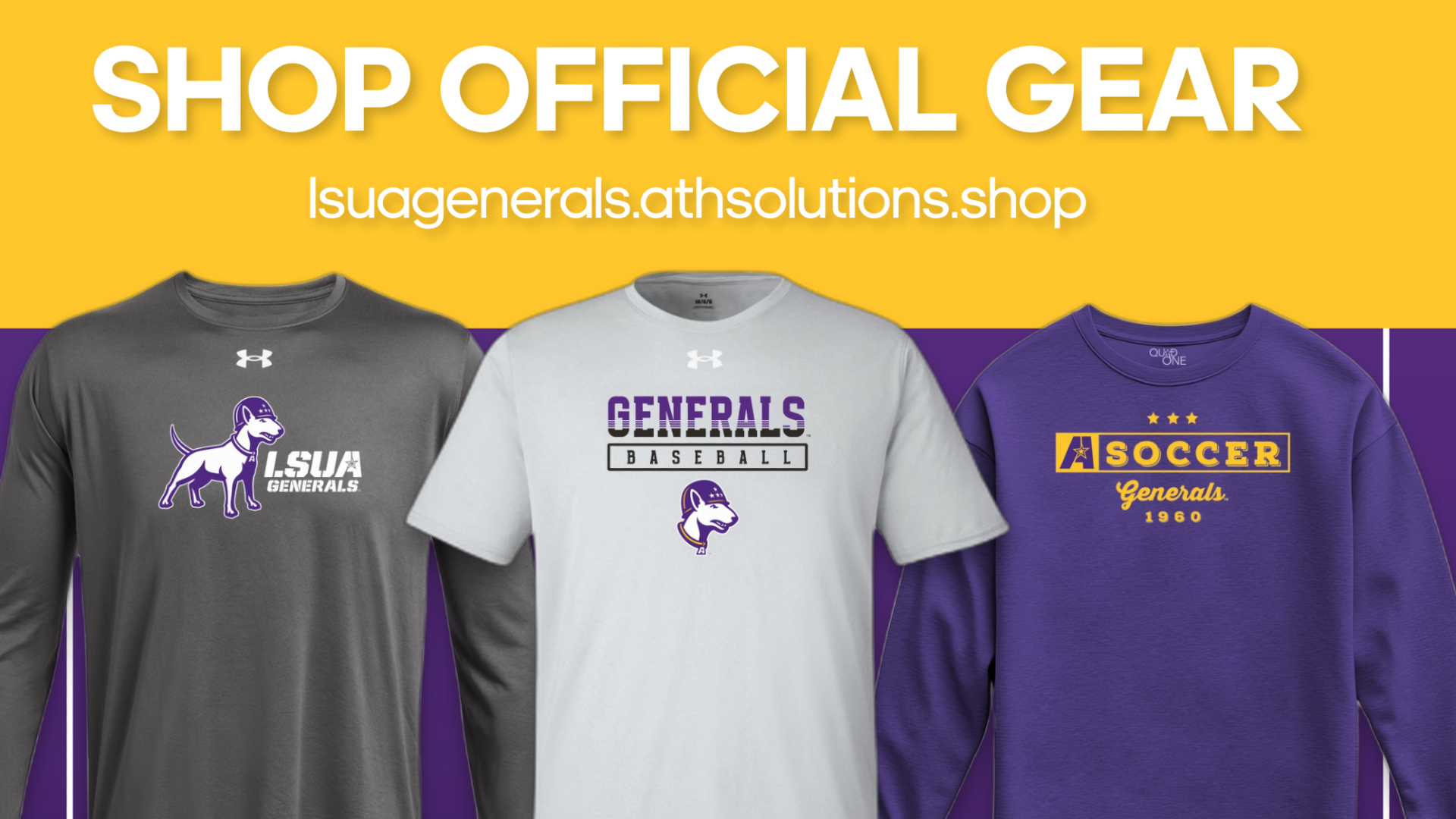 Athletic Solutions graphic featuring three different LSUA shirts announcing the opening of the new storefront