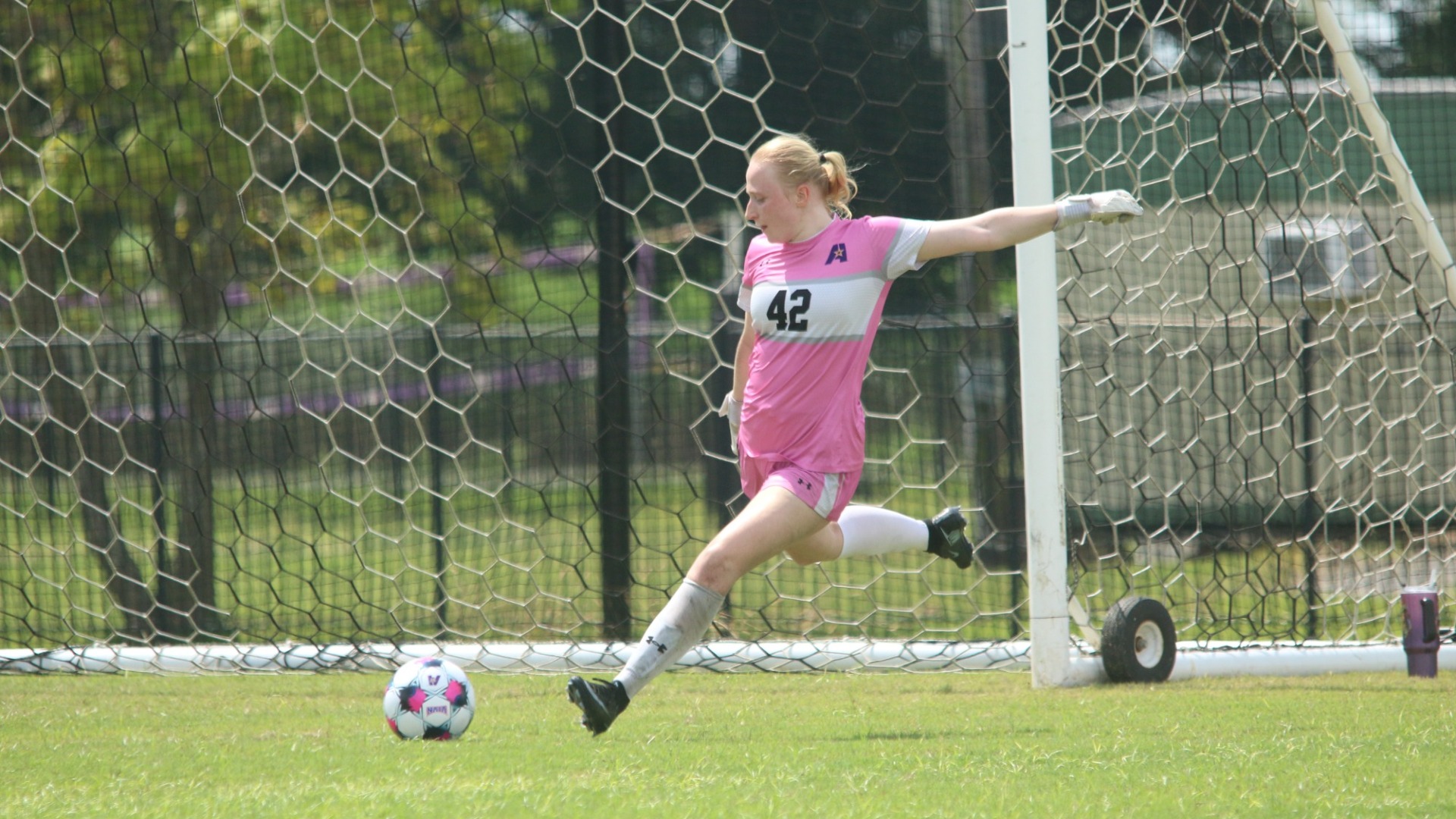 Meike van Straten takes a goal kick during a game