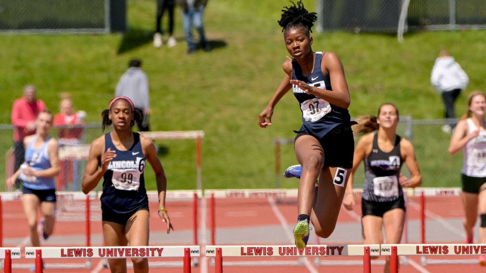 Odeshia Nanton wins the 400m hurdles at the 2025 GLVC Outdoor Track & Field Championships
