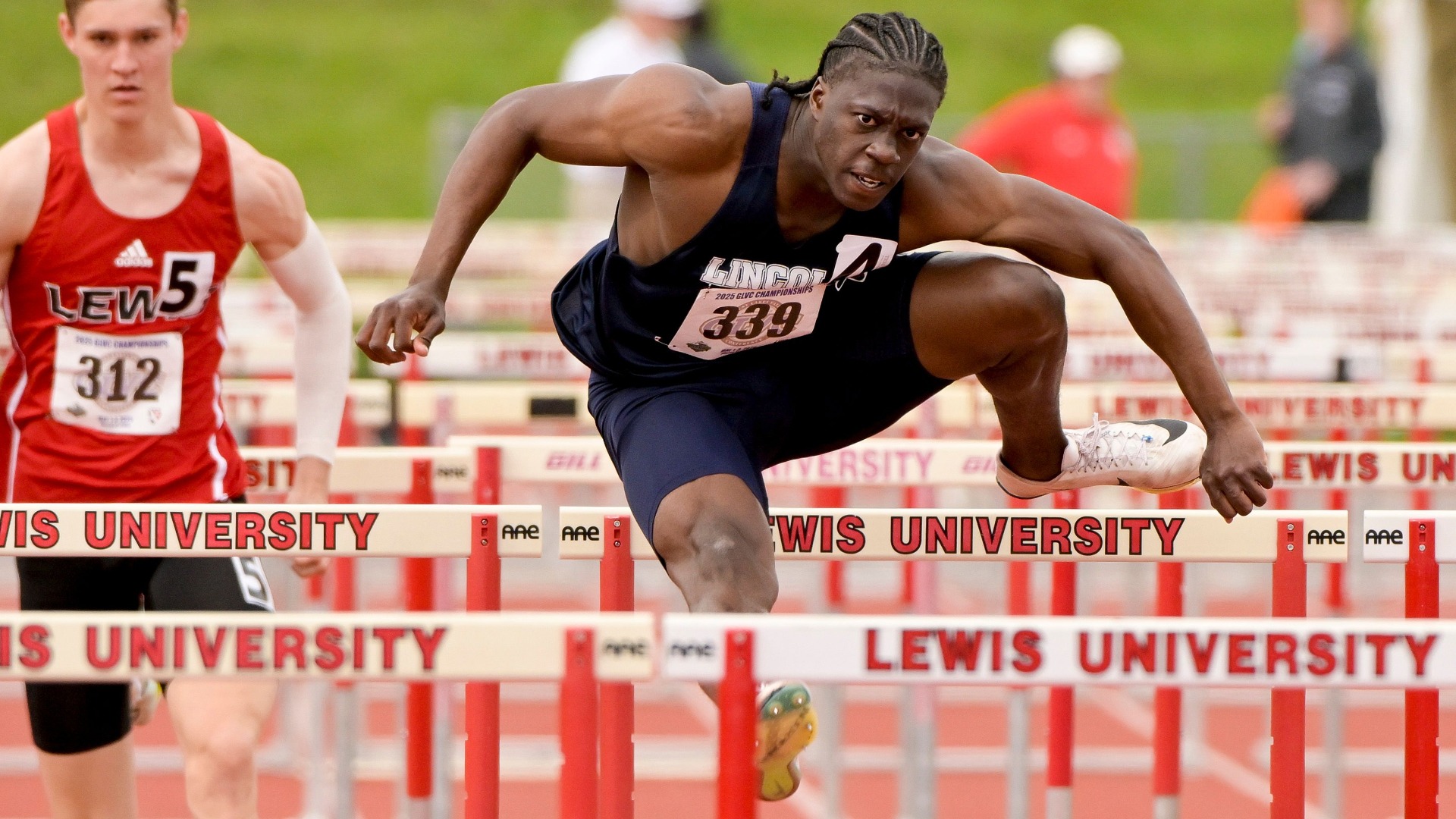 Joshua Dottin Leaps Over a Hurdle at the 2025 GLVC Outdoor Track & Field Championships
