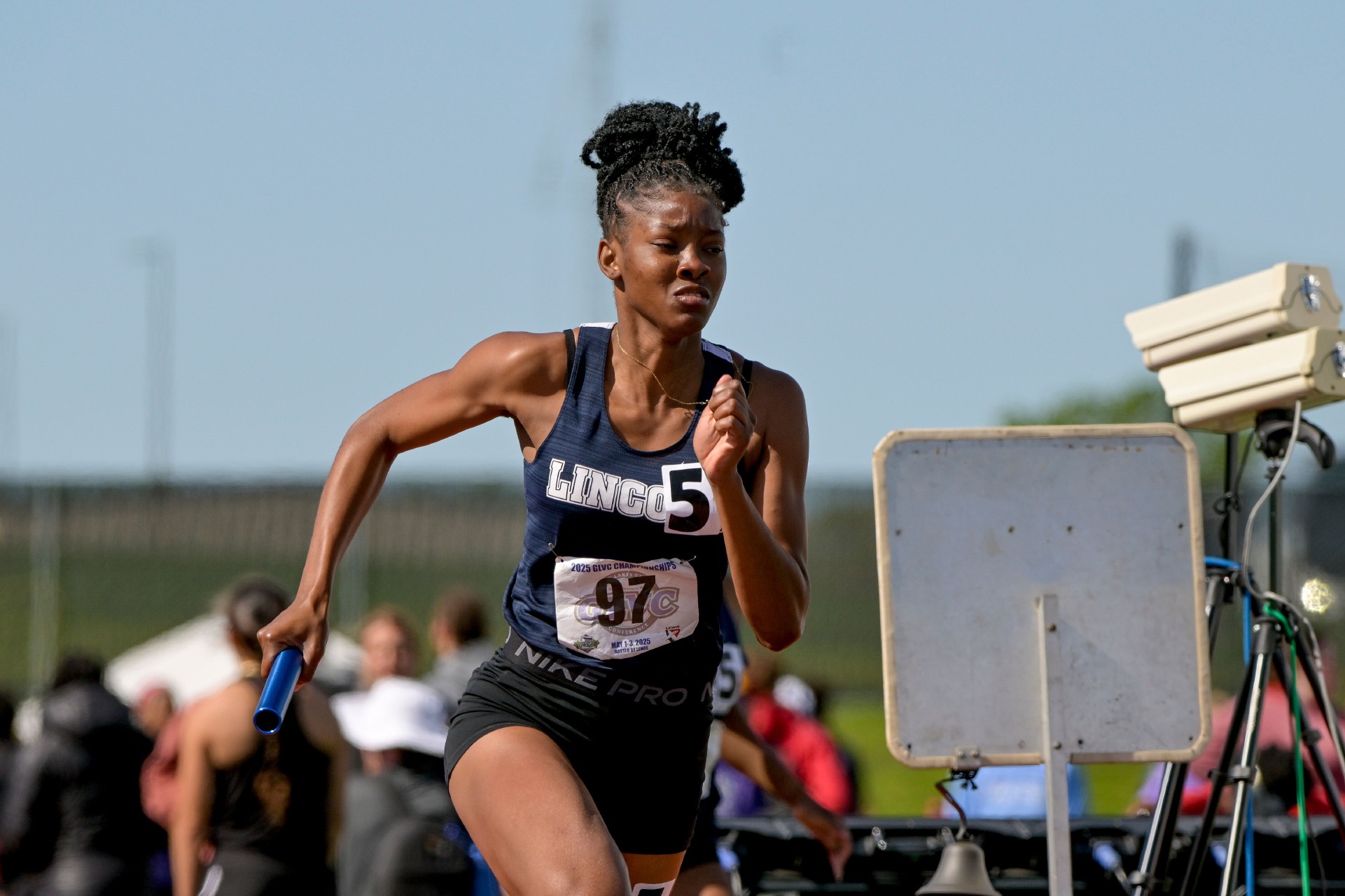 Odeshia Nanton Competes in a Relay at the 2025 GLVC Outdoor Track & Field Championships