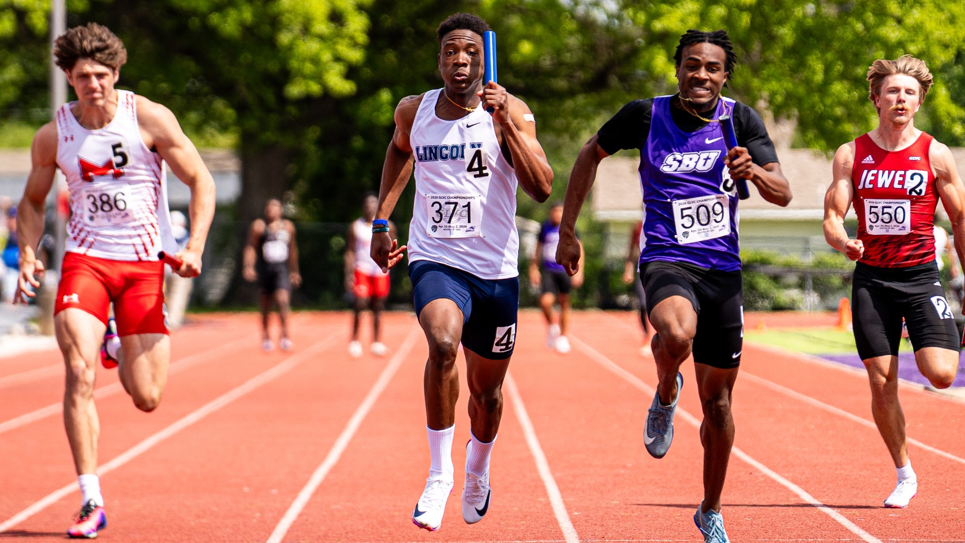 Rosean Smith competes in a relay event at the 2026 GLVC Outdoor Track & Field Championship Meet
