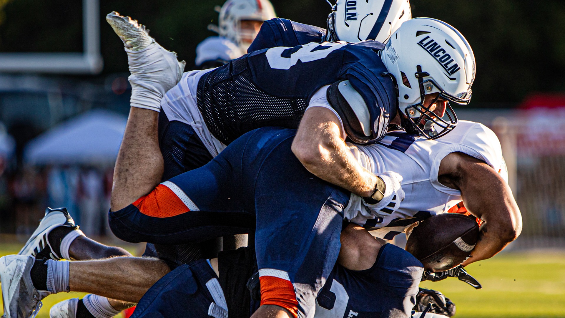 Mark Gorbatenk makes a tackle against Langston at Dwight T. Reed Stadium