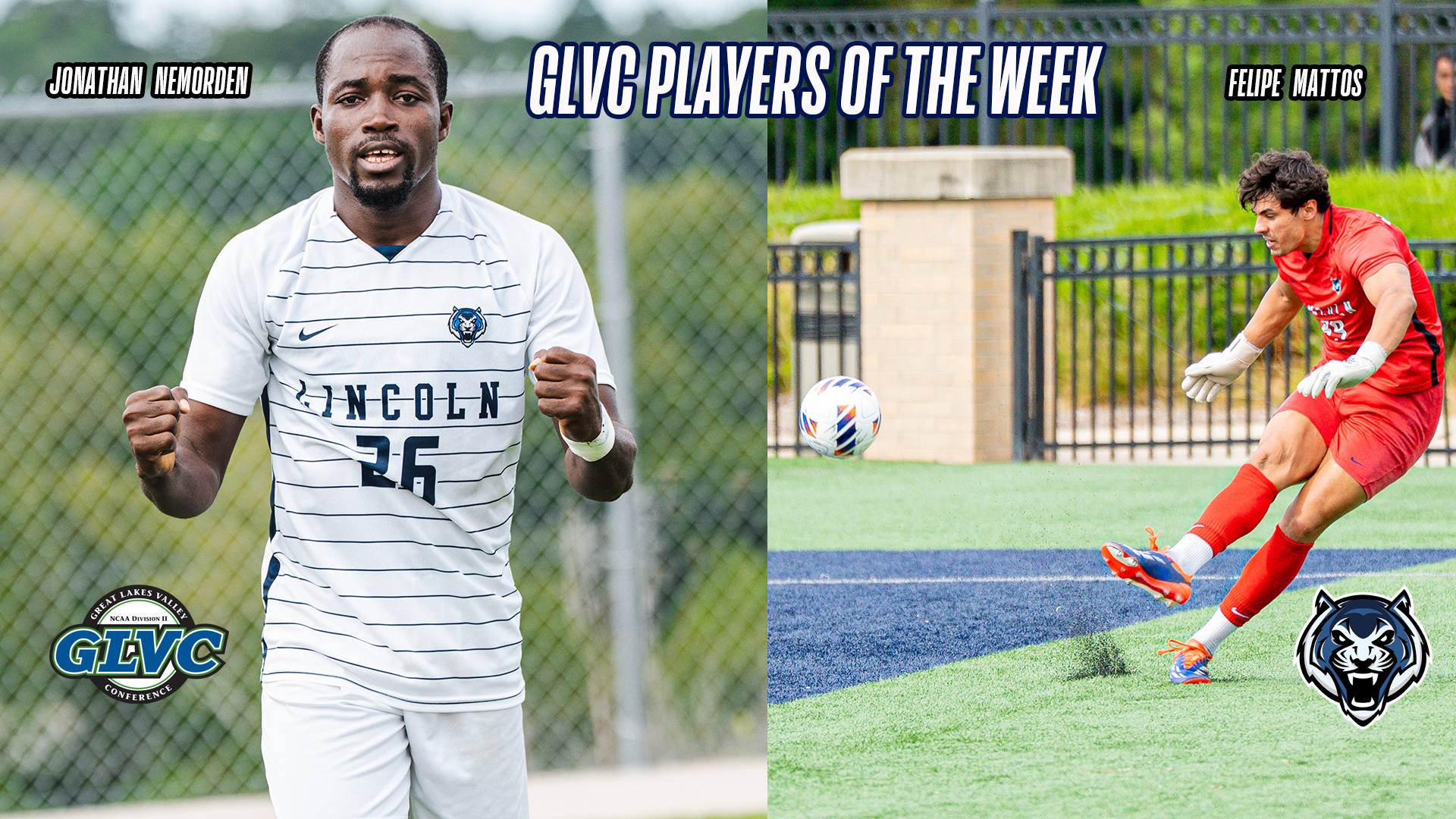 Jonathan Nemorden and Felipe Mattos were honored as GLVC Players of the Week on Sept. 28, 2026