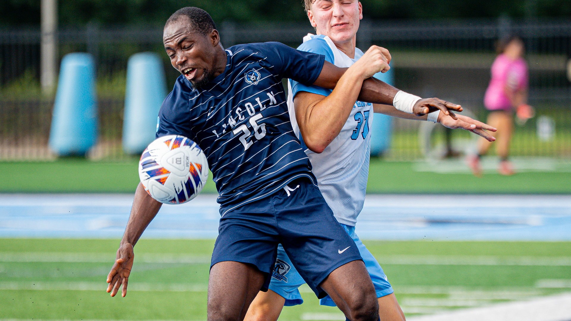 Jonathan Nemorden plays the ball against Upper Iowa in a 2026 road match.
