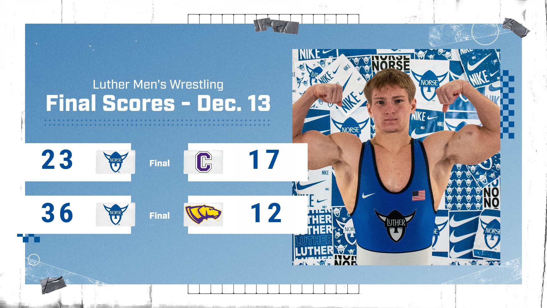 Luther Men's Wrestling Final Score Graphic Dec. 13, 2025