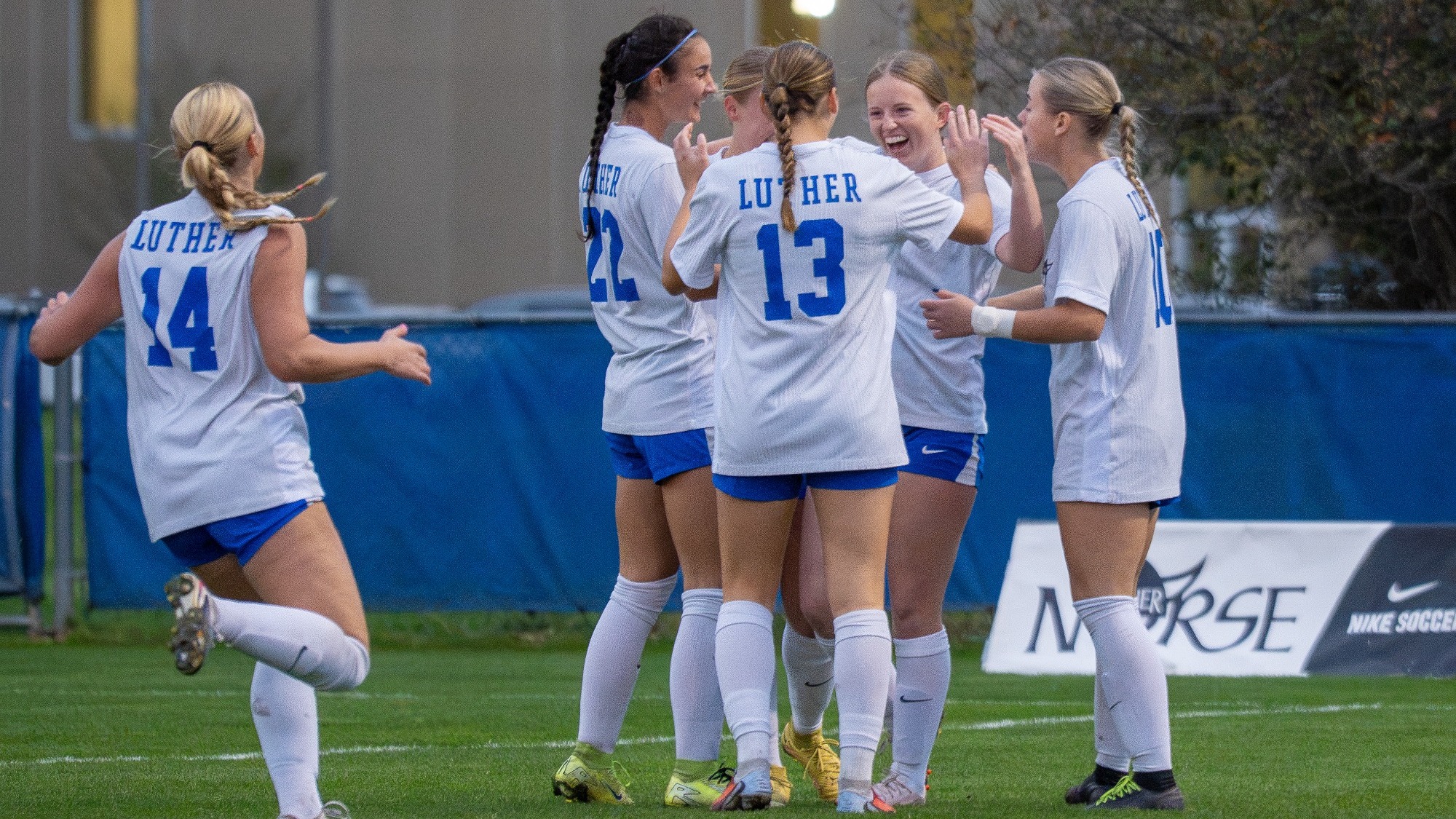 Luther Women's Soccer Celebrates Goal vs Beloit 2026
