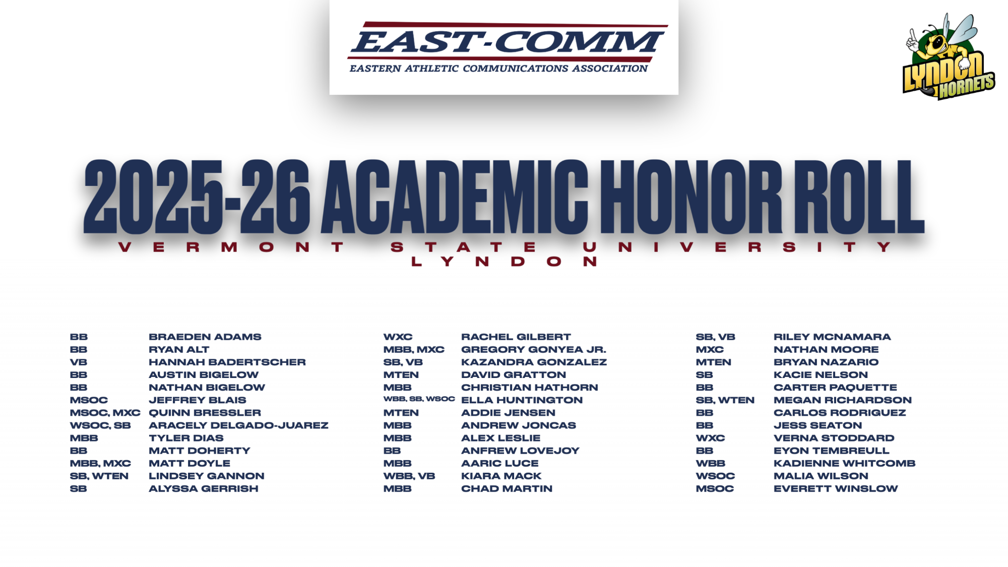 East-Comm 25-26 Academic Honor Roll