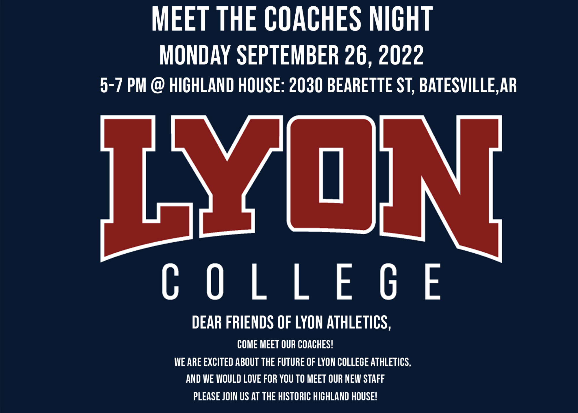 Meet the Coaches Night at the Highland House September 26th at 5 p.m