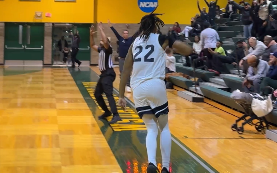 MBB - Caron Williams (22) celebrates his game-sealing 3-pointer against SC4 (Jan. 21, 2026)