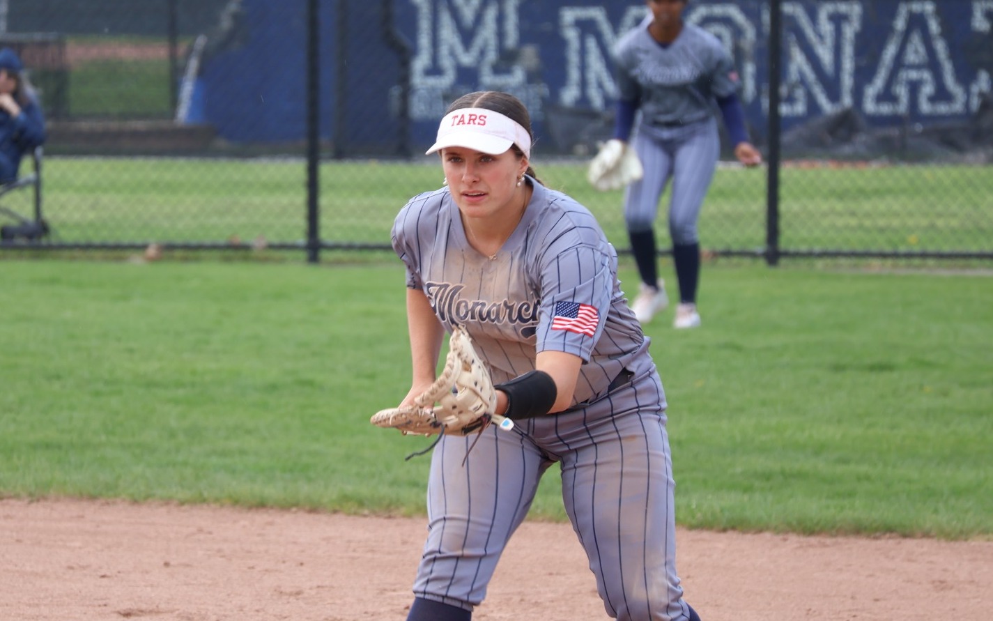 Softball - Ryleigh Davis readies for the pitch at first base