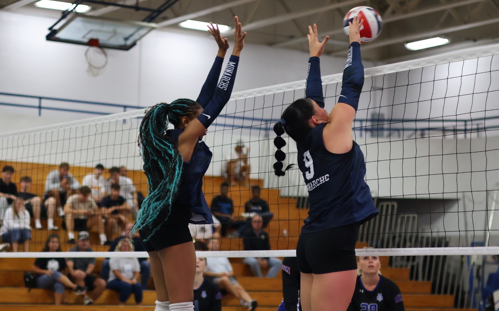 Volleyball - Madison Martin (18) and Korin Hutton (9) go up for a block at Lawrence Tech on Aug. 26, 2026