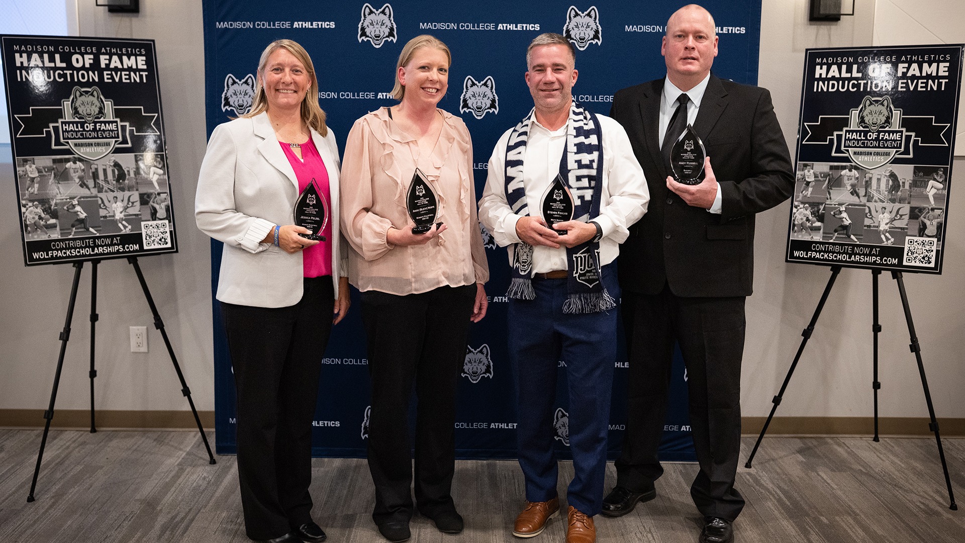 2025 Madison College Athletic Hall of Fame Inductees: Jessica Pelzel, Angie (Bleck) Hoefs, Steven Foulks, Andy Russell
