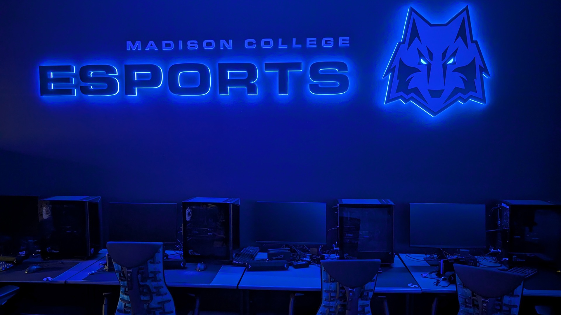 Esports Lab Wall decorated with backlit graphics above gaming computers and chairs