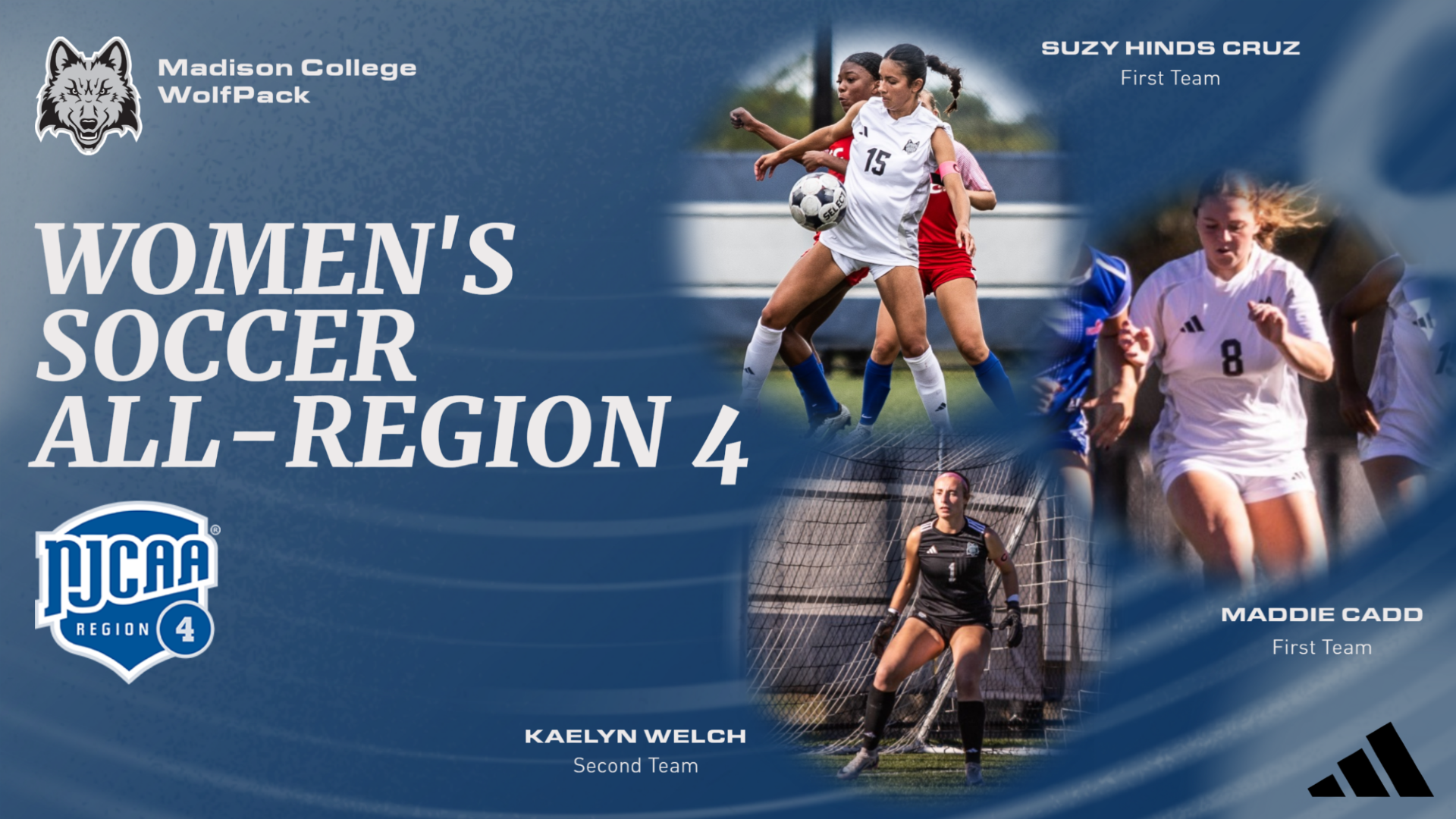 Women's soccer players Suzy Hinds Cruz, Maddie Cadd, and Kaelyn Welch are recognized as All-Region 4