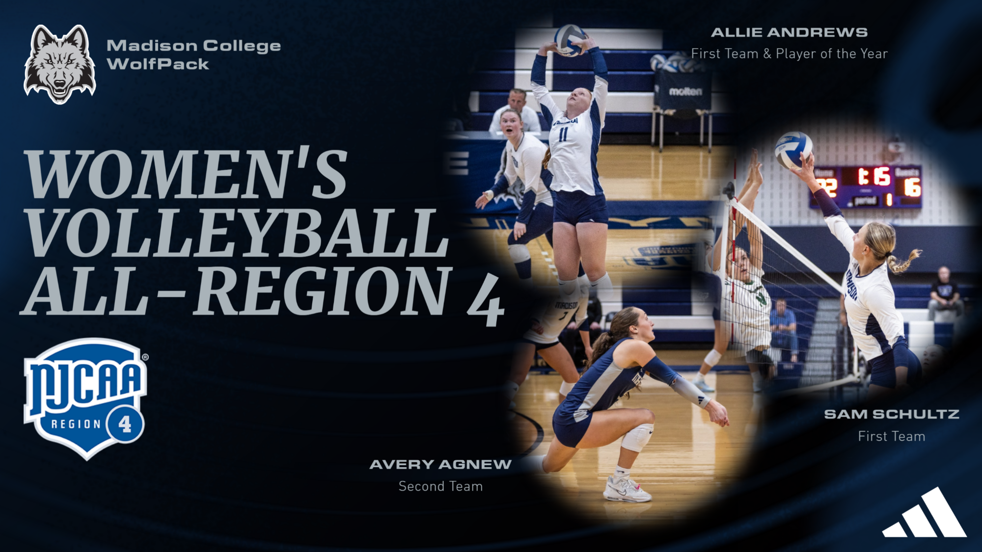Women's volleyball players, Allie Andrews, Sam Schultz, and Avery Agnew, earn All-Region 4 honors
