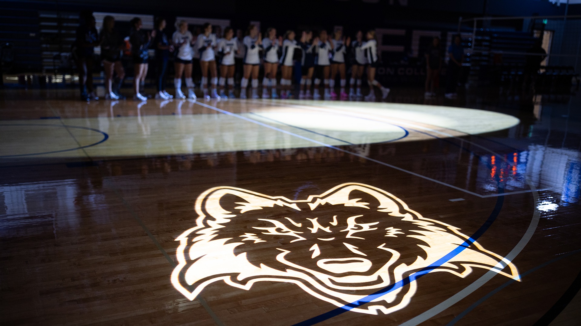 Picture of women's volleyball starting lineup with logo shining on gym floor
