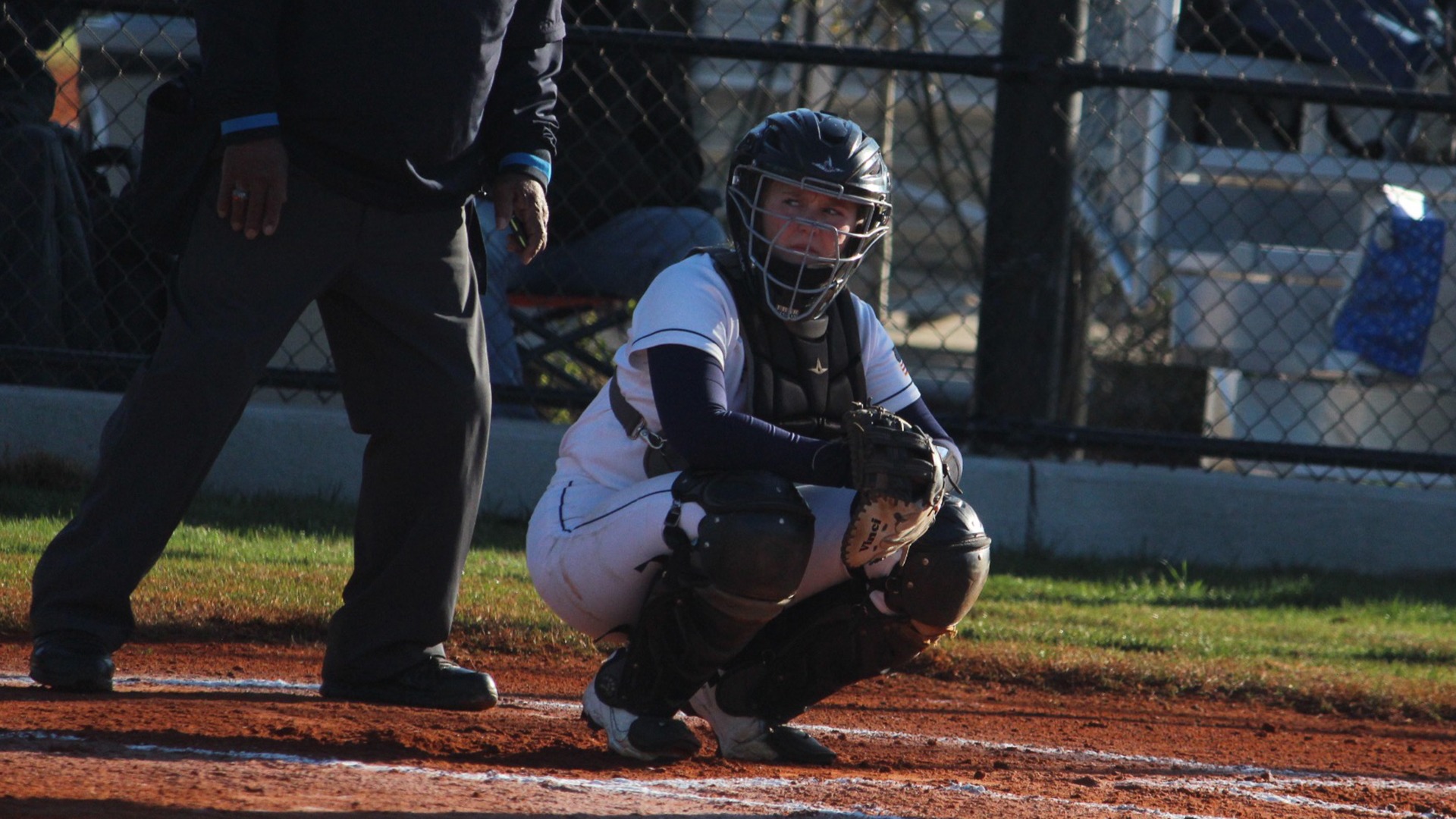 Hayden Schabel crouches into a catcher's stance