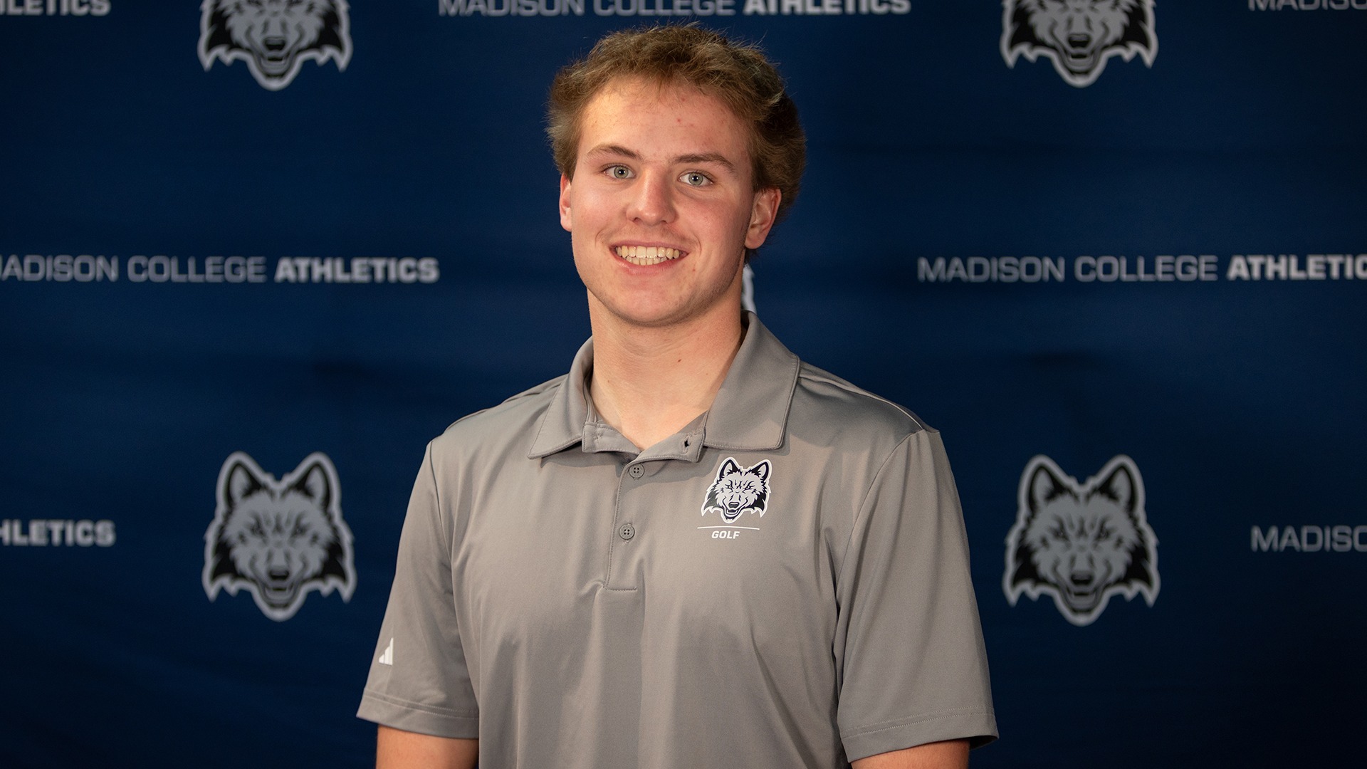 Headshot of Kaden Zinkle in front of a Madison College WolfPack backdrop.