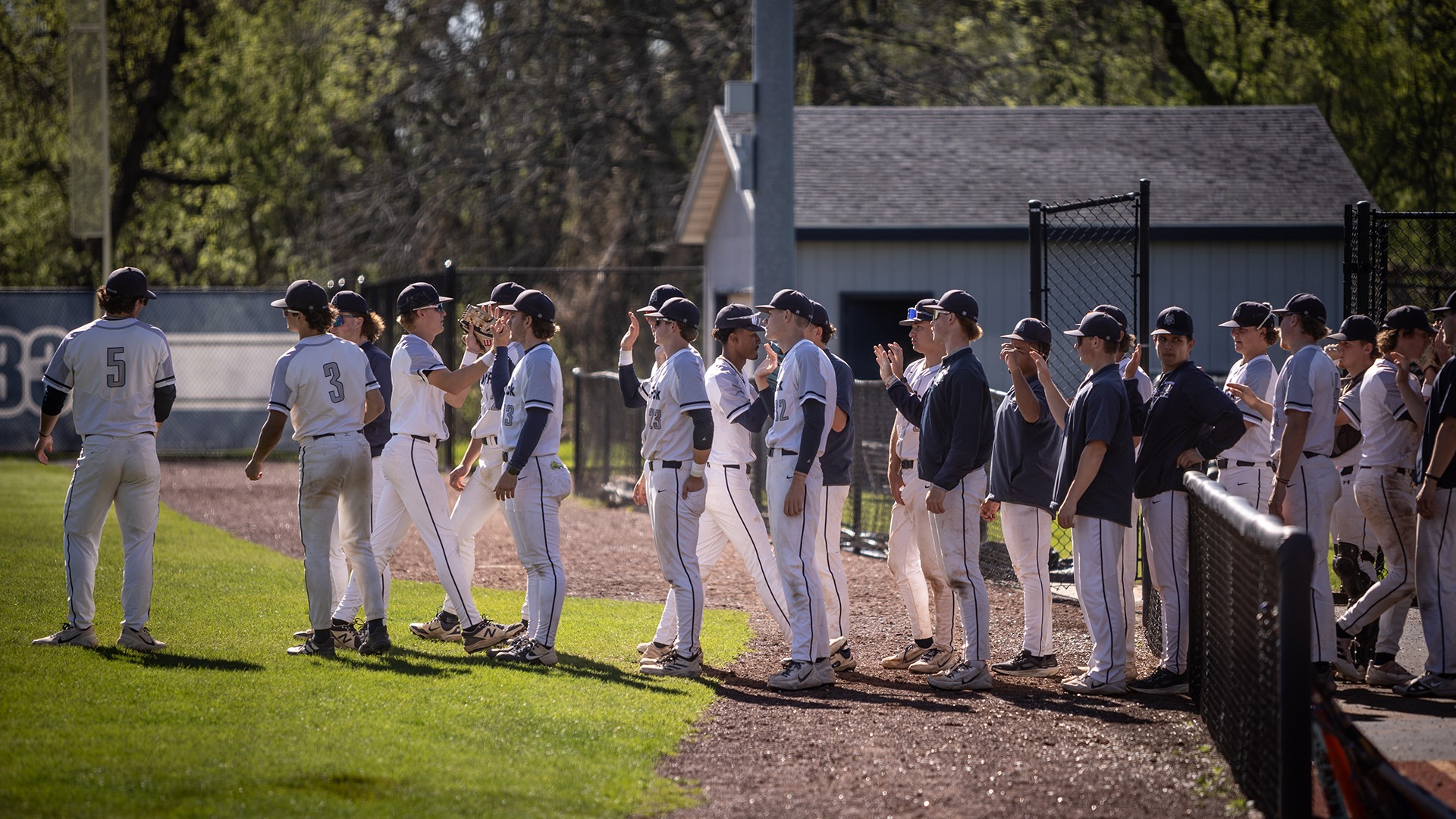 Baseball team lines up for high fives as players approach the dugout