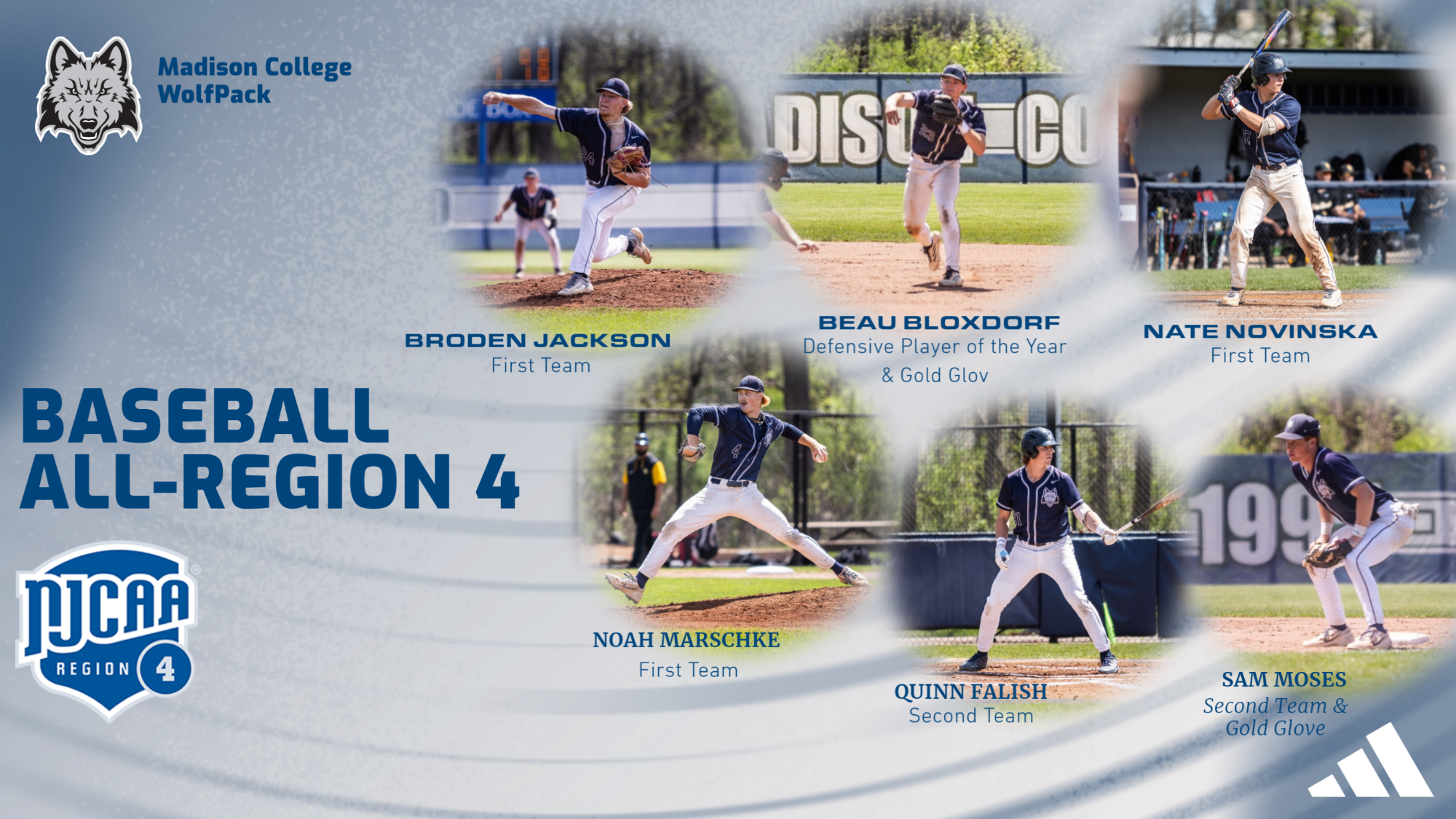 2026 Baseball All-Region 4 honorees include Nate Novinska, Noah Marschke, Broden Jackson, Sam Moses, Quinn Falish, and Beau Bloxdorf.