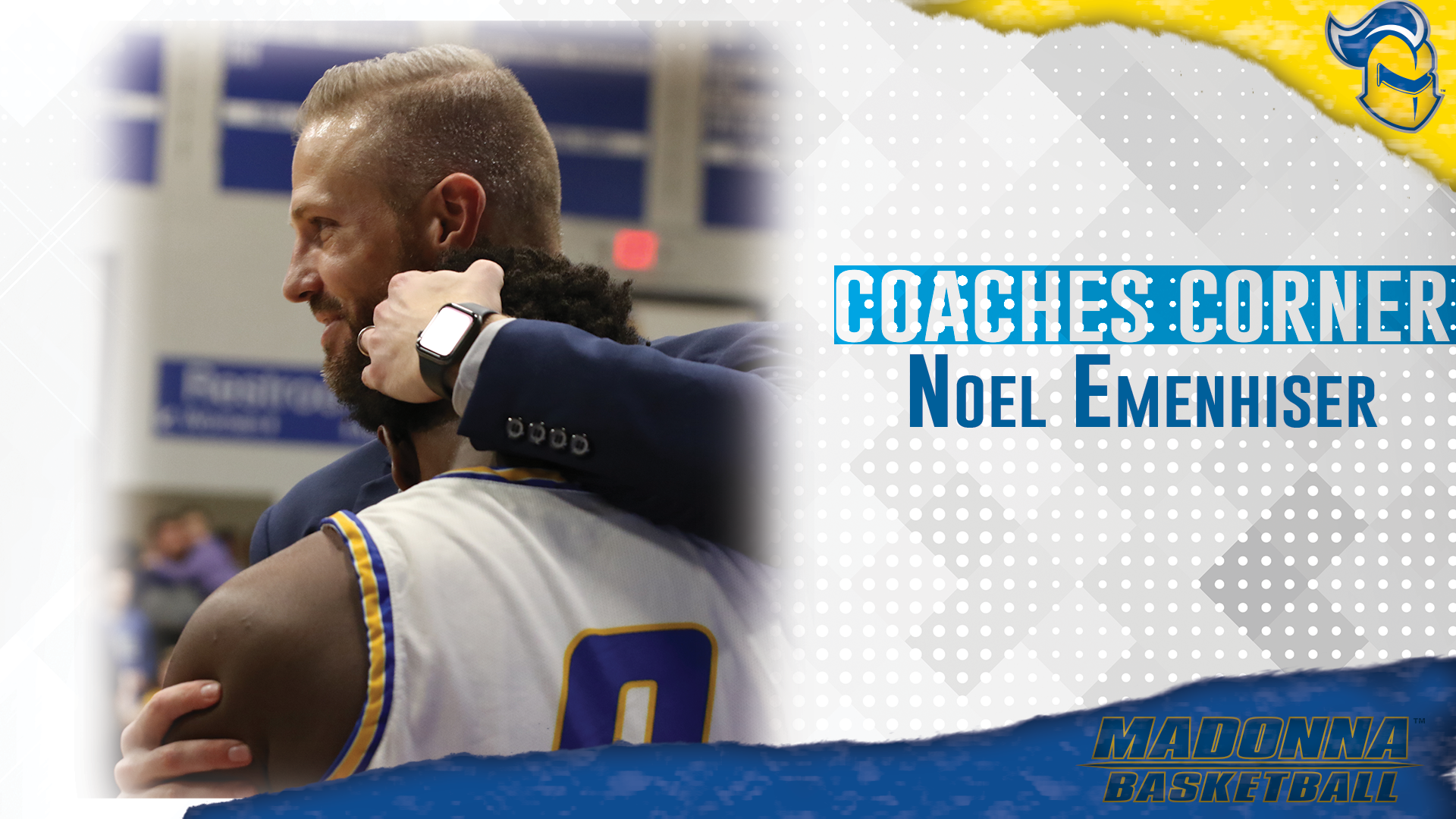 Coaches Corner - Noel Emenhiser hugs Dwight Burton after WHAC tournament win