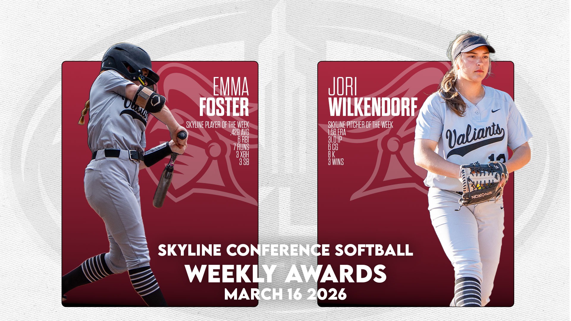 Emma Foster and Jori Wilkendorf Skyline Conference Player and Pitcher of the Week graphic