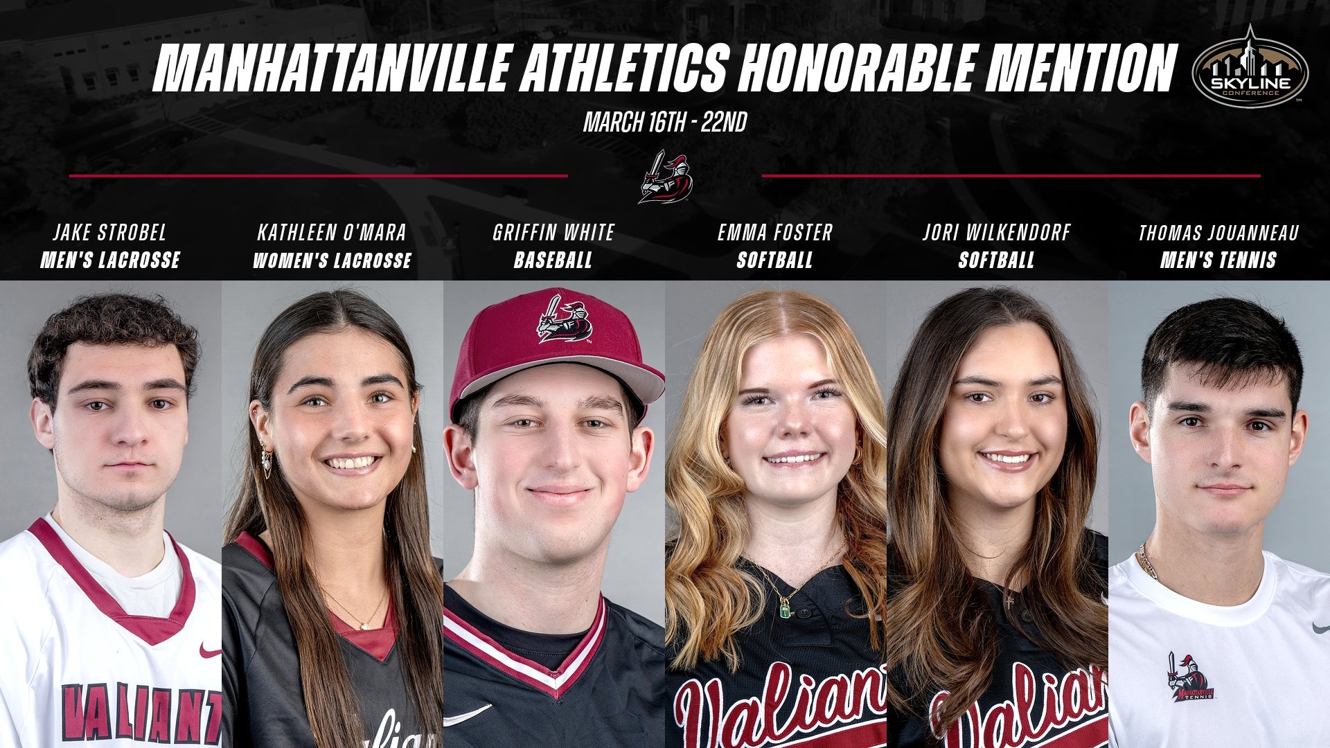 Skyline Conference Weekly Honorable Mentions featuring headshots of Jake Strobel, Kathleen O'Mara, Griffin White, Emma Foster, Jori Wilkendorf and Thomas Jouanneau