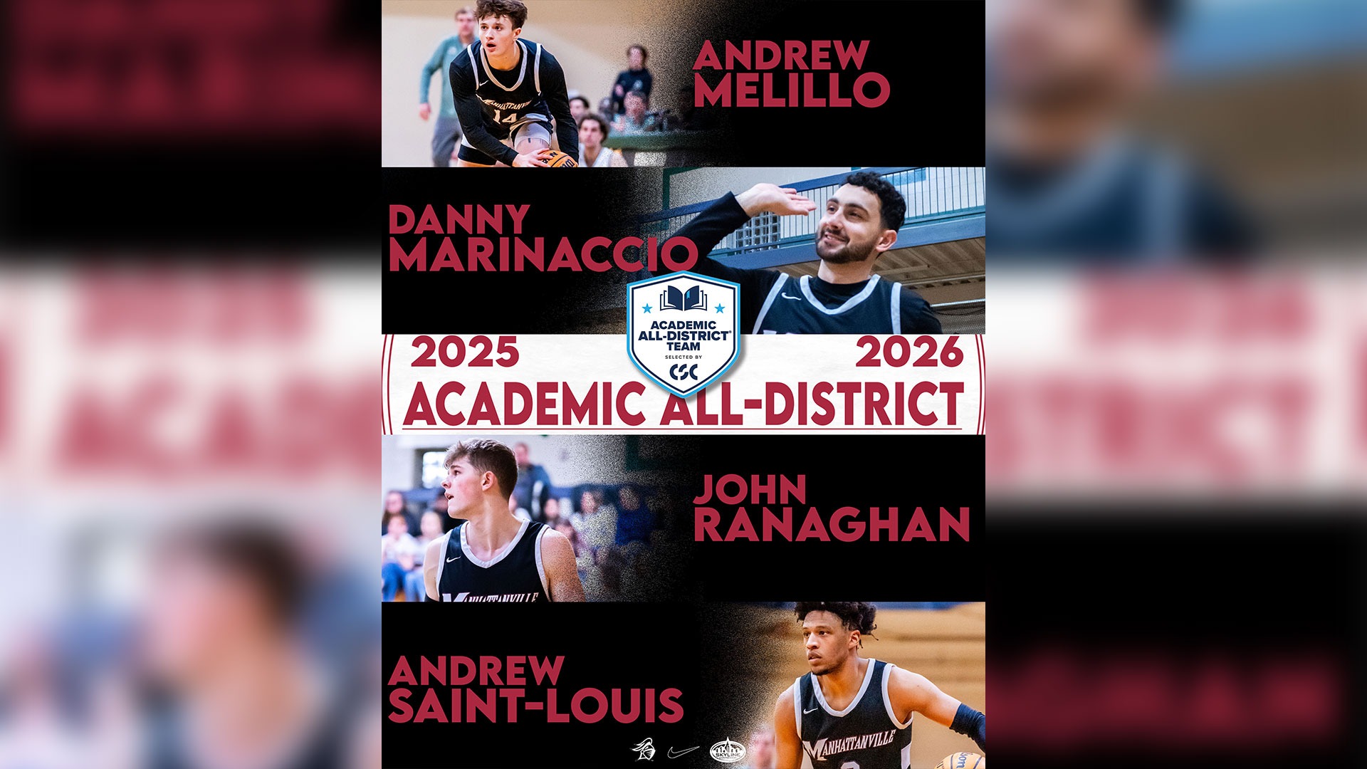 CSC Academic All-District® Men's Basketball Graphic Featuring Andrew Saint-Louis, Daniel Marinaccio, John Ranaghan and Andrew Melillo