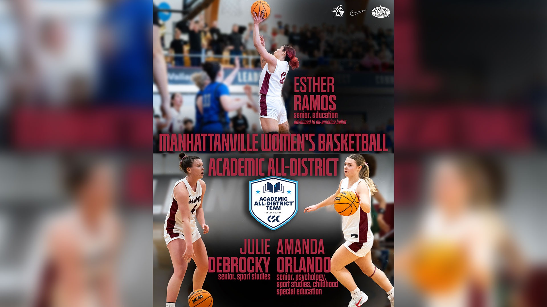 CSC Academic All-District Women's Basketball Graphic featuring Esther Ramos, Julie DeBrocky and Amanda Orlando