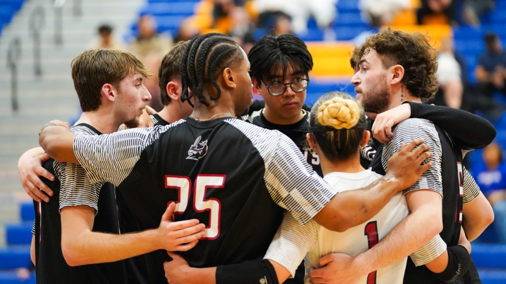 Men's Volleyball huddles on the court against Purchase in the Skyline Semifinals